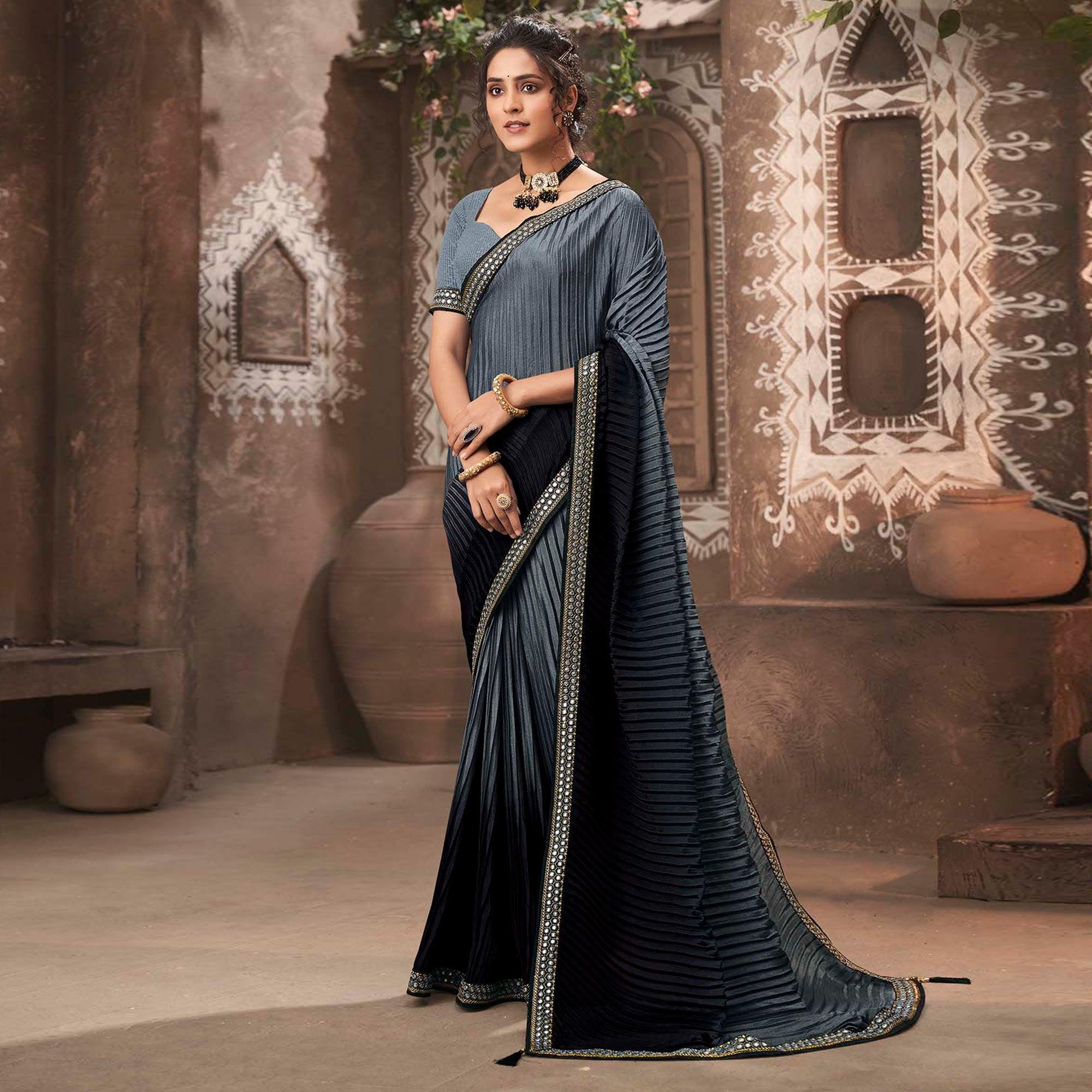 Grey-Black Partywear Crushed Chiffon Saree with Fancy Lace - Peachmode