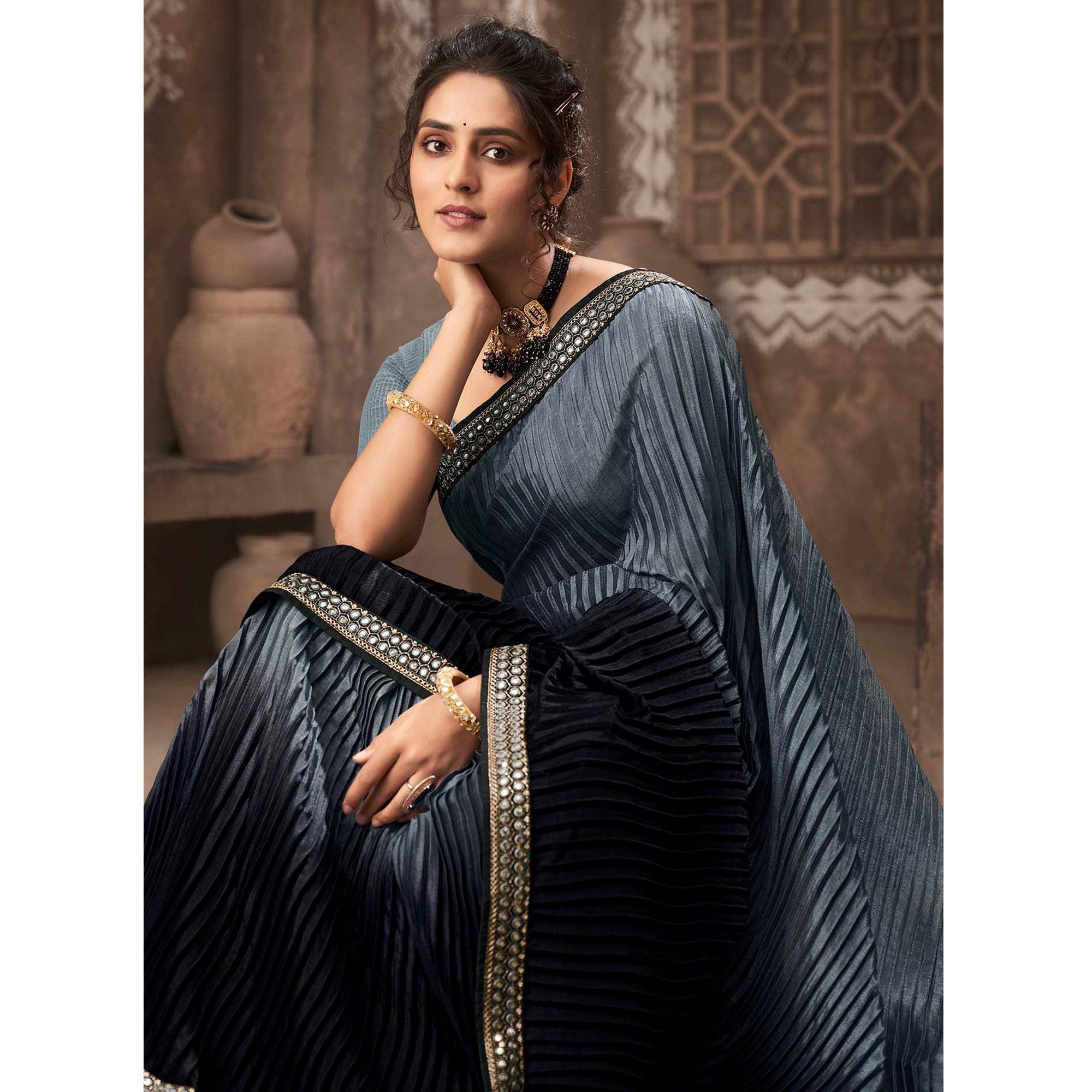 Grey-Black Partywear Crushed Chiffon Saree with Fancy Lace - Peachmode