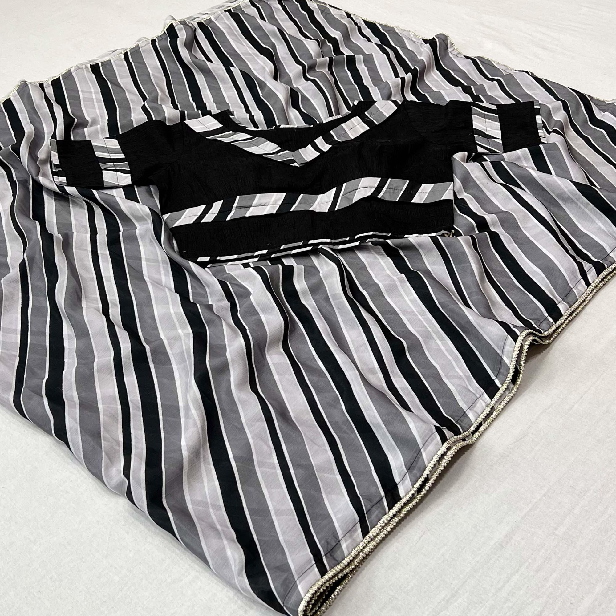 Grey-Black Printed Chiffon Saree - Peachmode