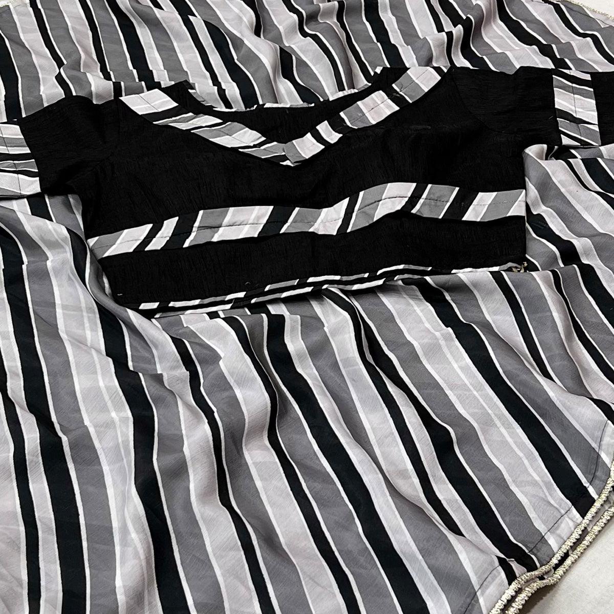 Grey-Black Printed Chiffon Saree - Peachmode