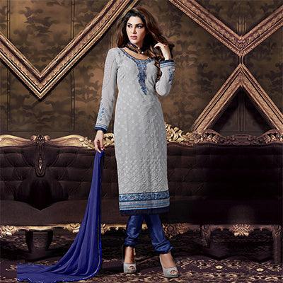 Grey - Blue Embroidered Salwar Suit - Peachmode