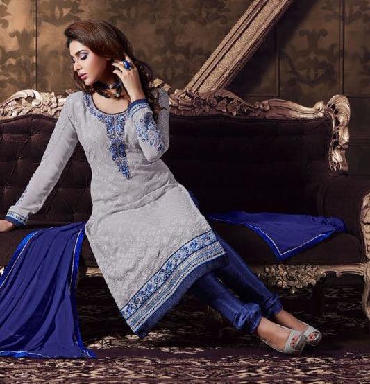 Grey - Blue Embroidered Salwar Suit - Peachmode