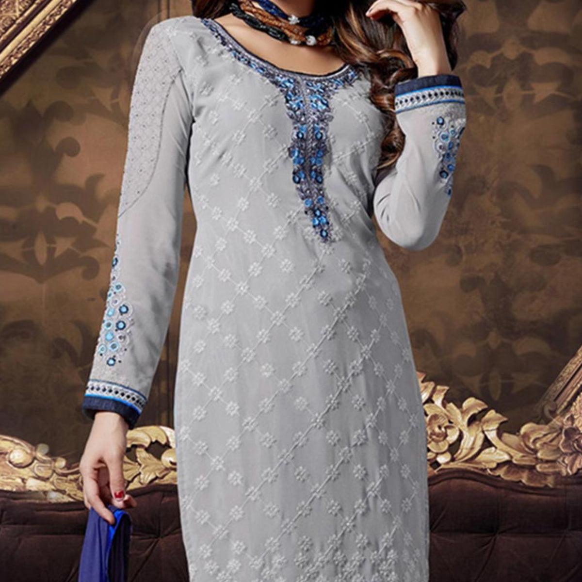 Grey - Blue Embroidered Salwar Suit - Peachmode