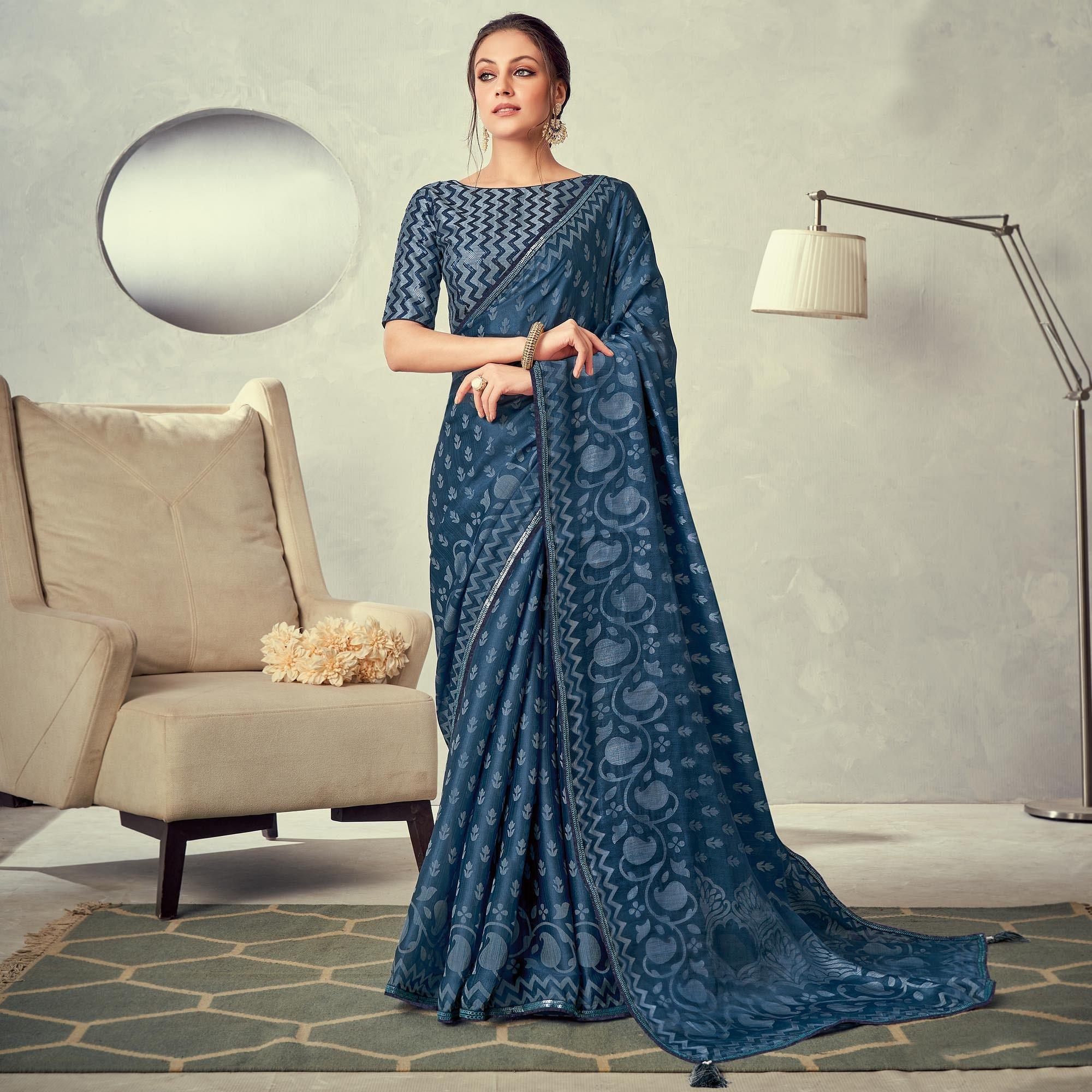 Grey-Blue Festive Wear Print With Lace Border Brasso Silk Saree - Peachmode