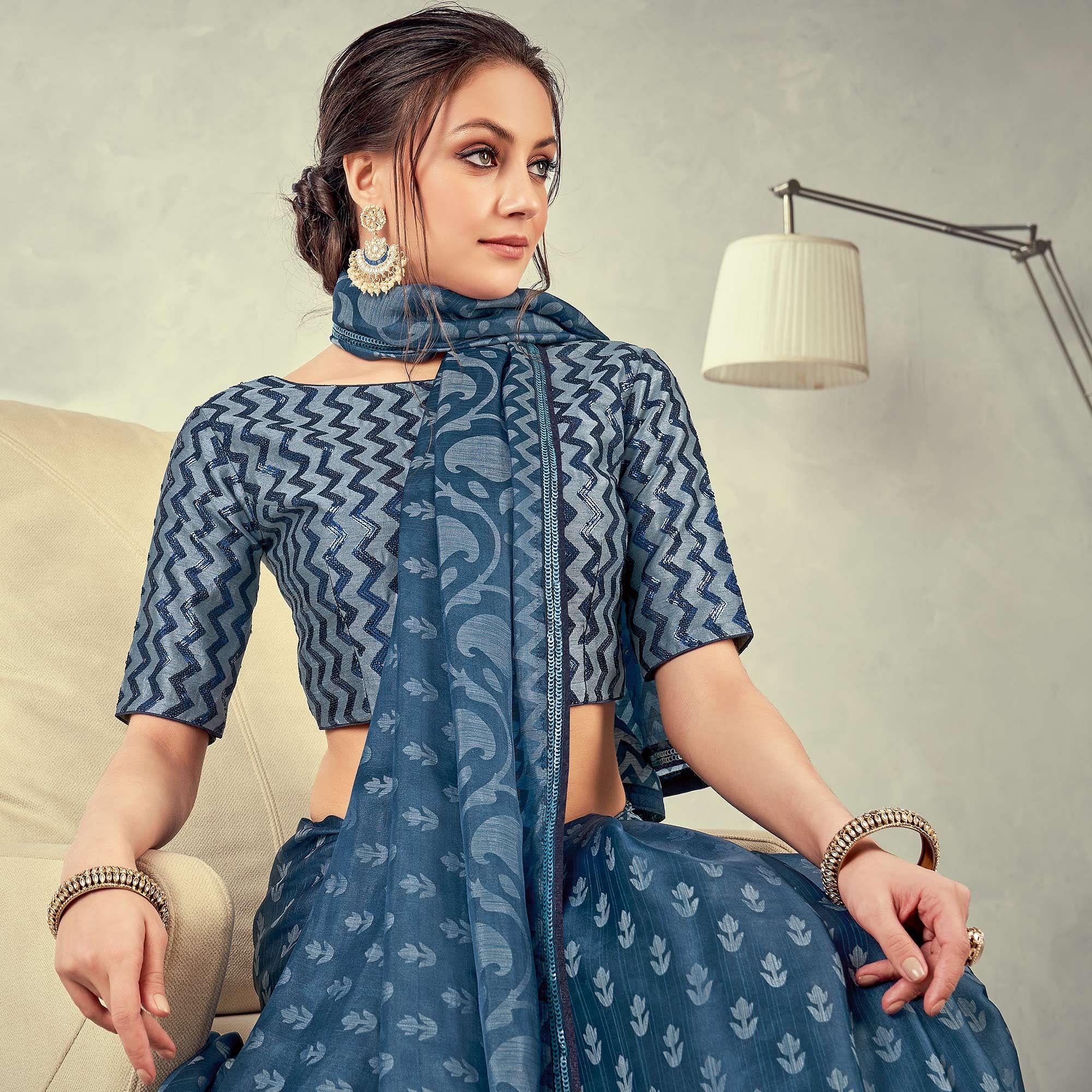 Grey-Blue Festive Wear Print With Lace Border Brasso Silk Saree - Peachmode