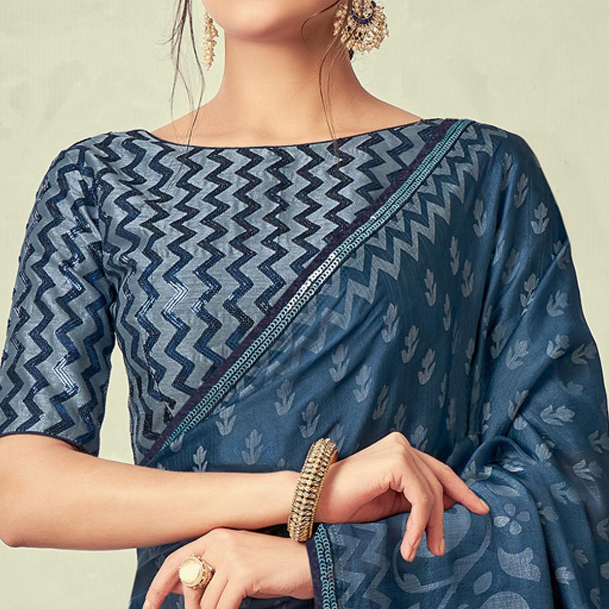 Grey-Blue Festive Wear Print With Lace Border Brasso Silk Saree - Peachmode