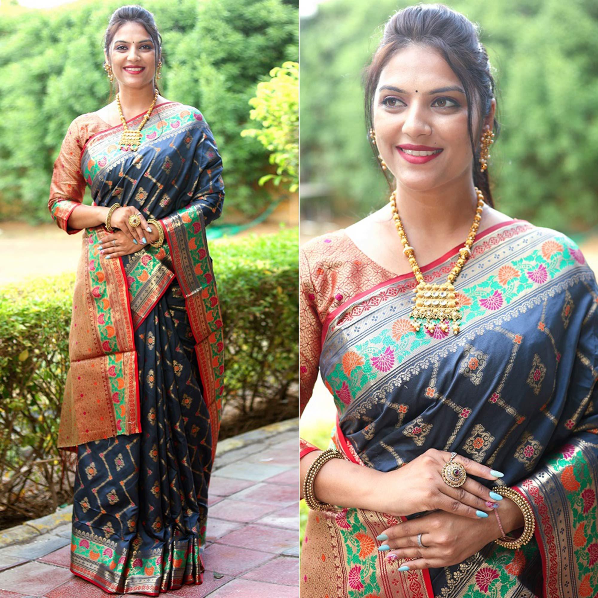 Grey Blue Woven Art Silk Saree - Peachmode