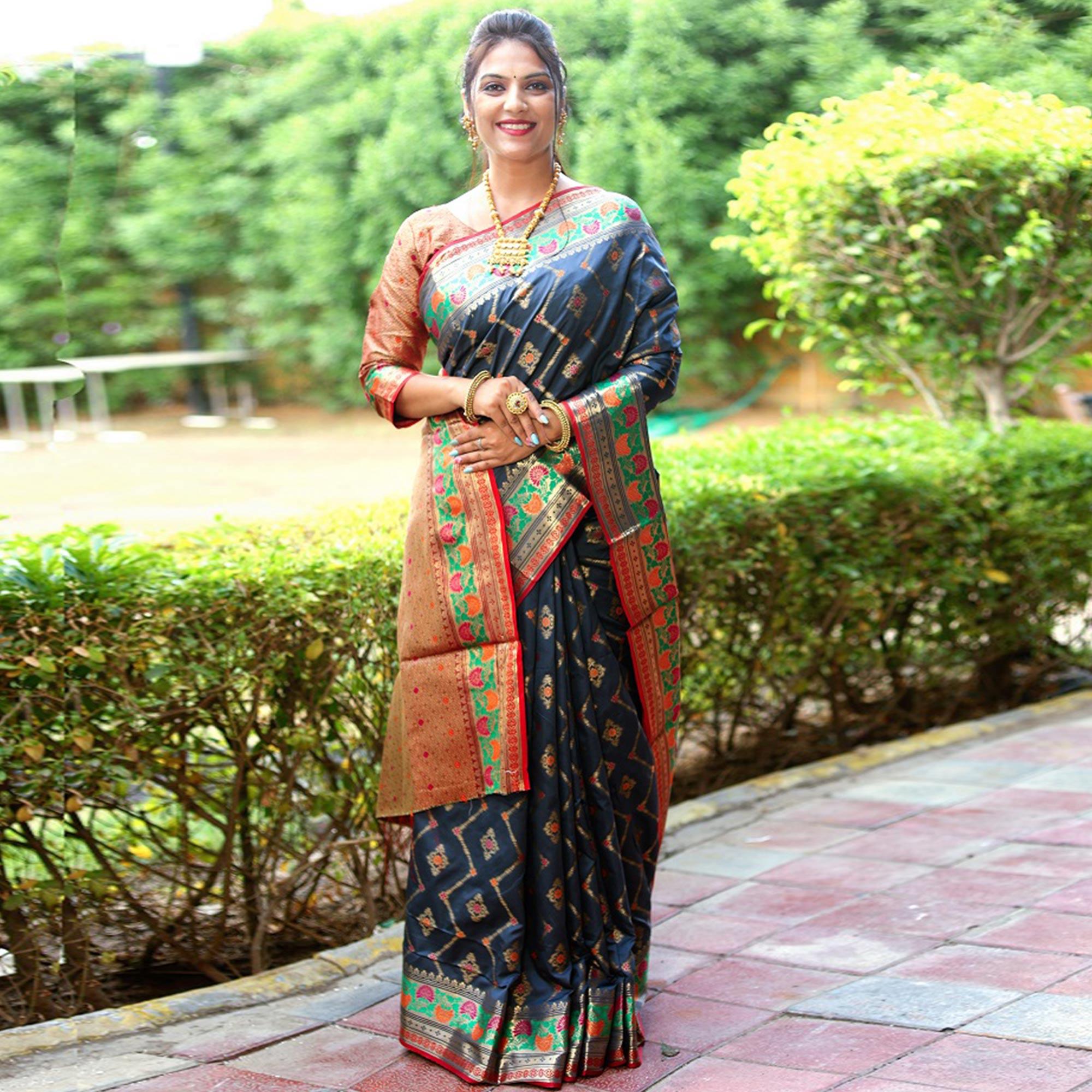 Grey Blue Woven Art Silk Saree - Peachmode