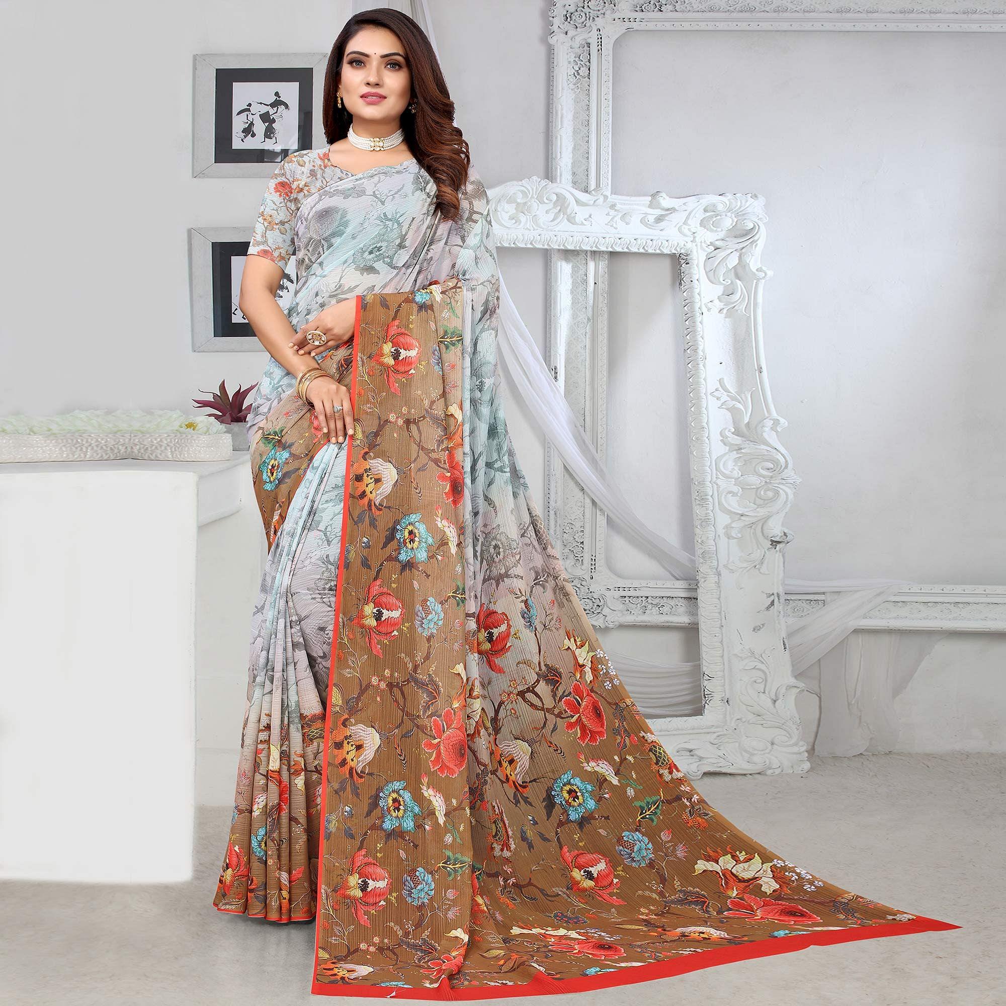 Grey-Brown Digital Printed Georgette Saree - Peachmode