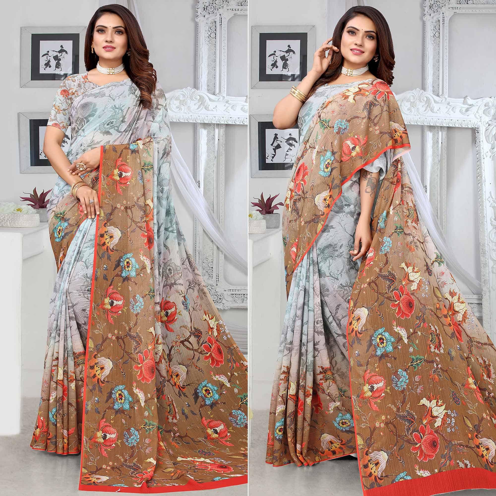 Grey-Brown Digital Printed Georgette Saree - Peachmode