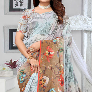 Grey-Brown Digital Printed Georgette Saree - Peachmode