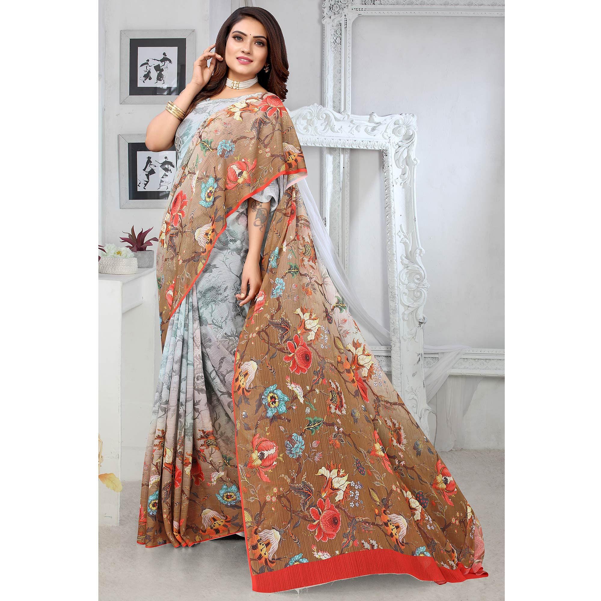 Grey-Brown Digital Printed Georgette Saree - Peachmode