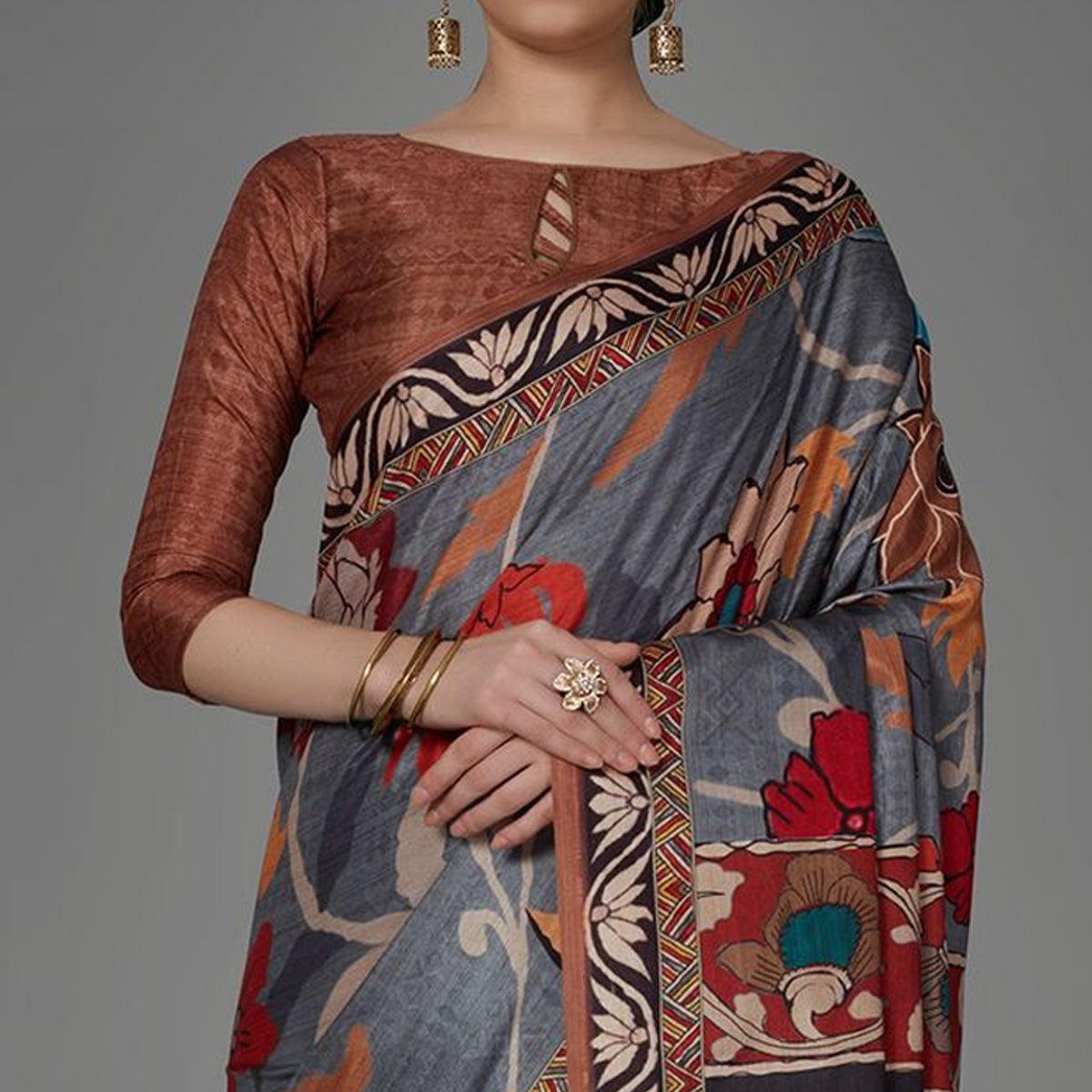 Grey Casual Art Silk Printed Saree With Unstitched Blouse - Peachmode