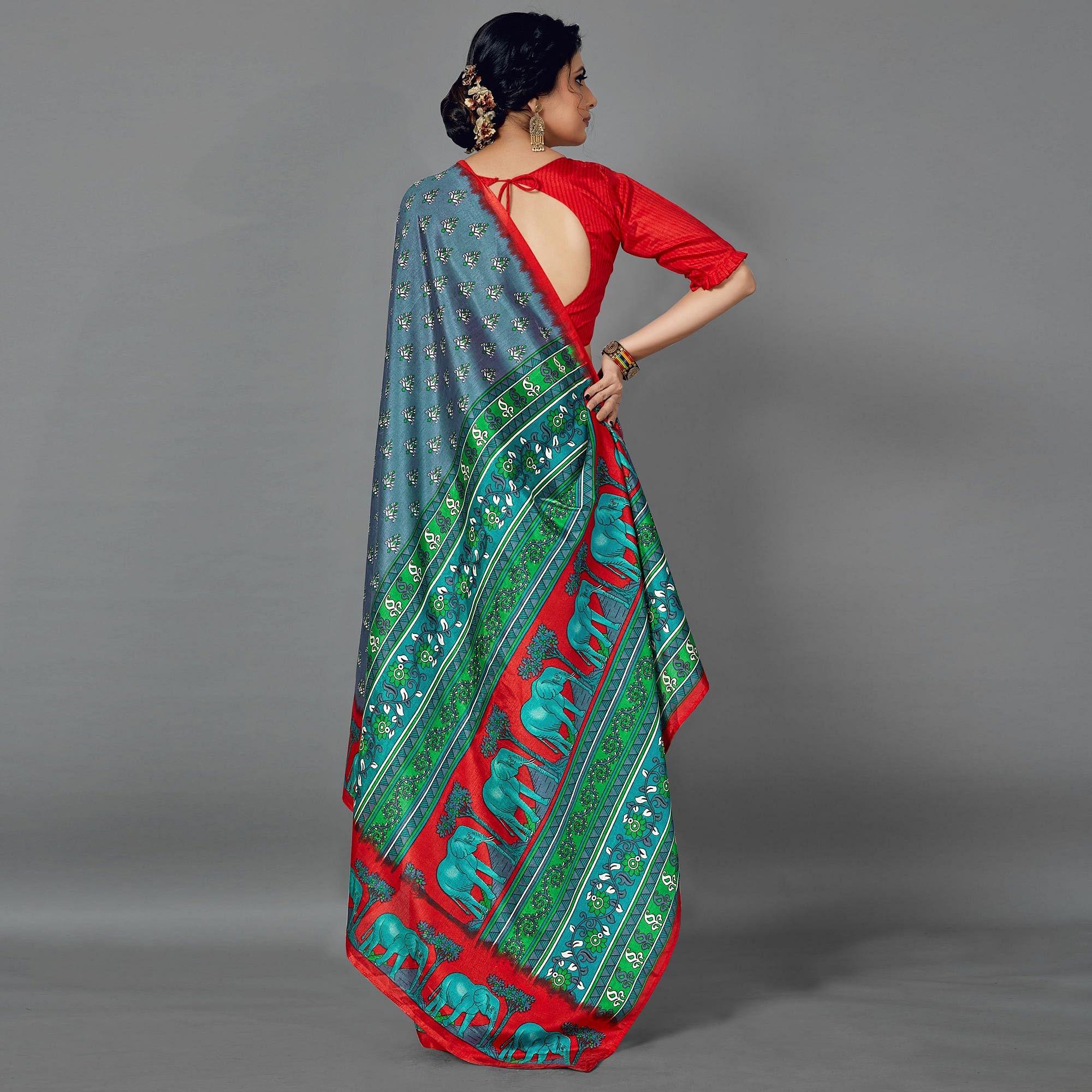 Grey Casual Art Silk Printed Saree With Unstitched Blouse - Peachmode