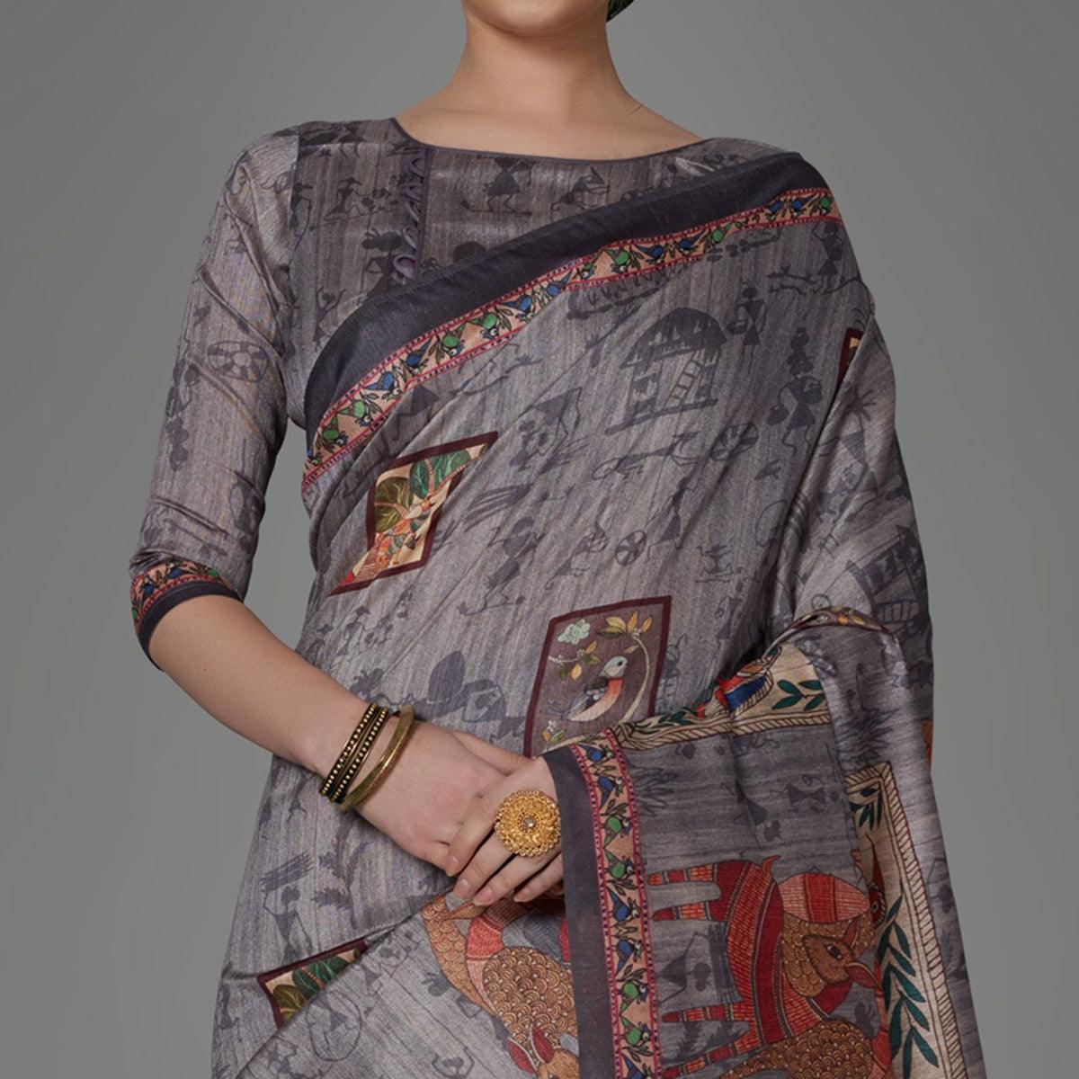 Grey Casual Art Silk Printed Saree With Unstitched Blouse - Peachmode