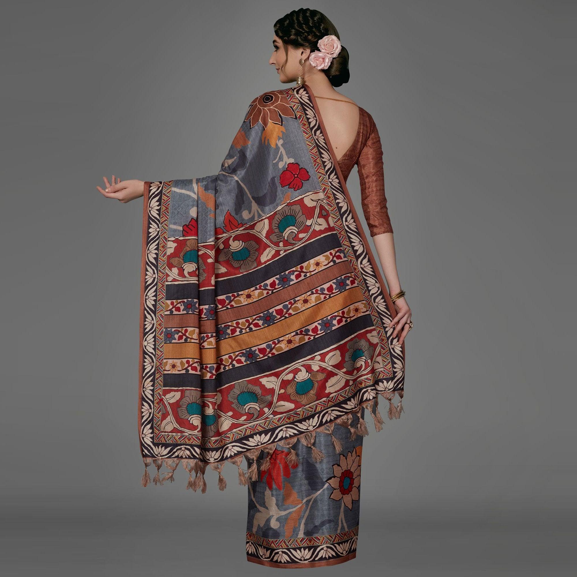 Grey Casual Art Silk Printed Saree With Unstitched Blouse - Peachmode