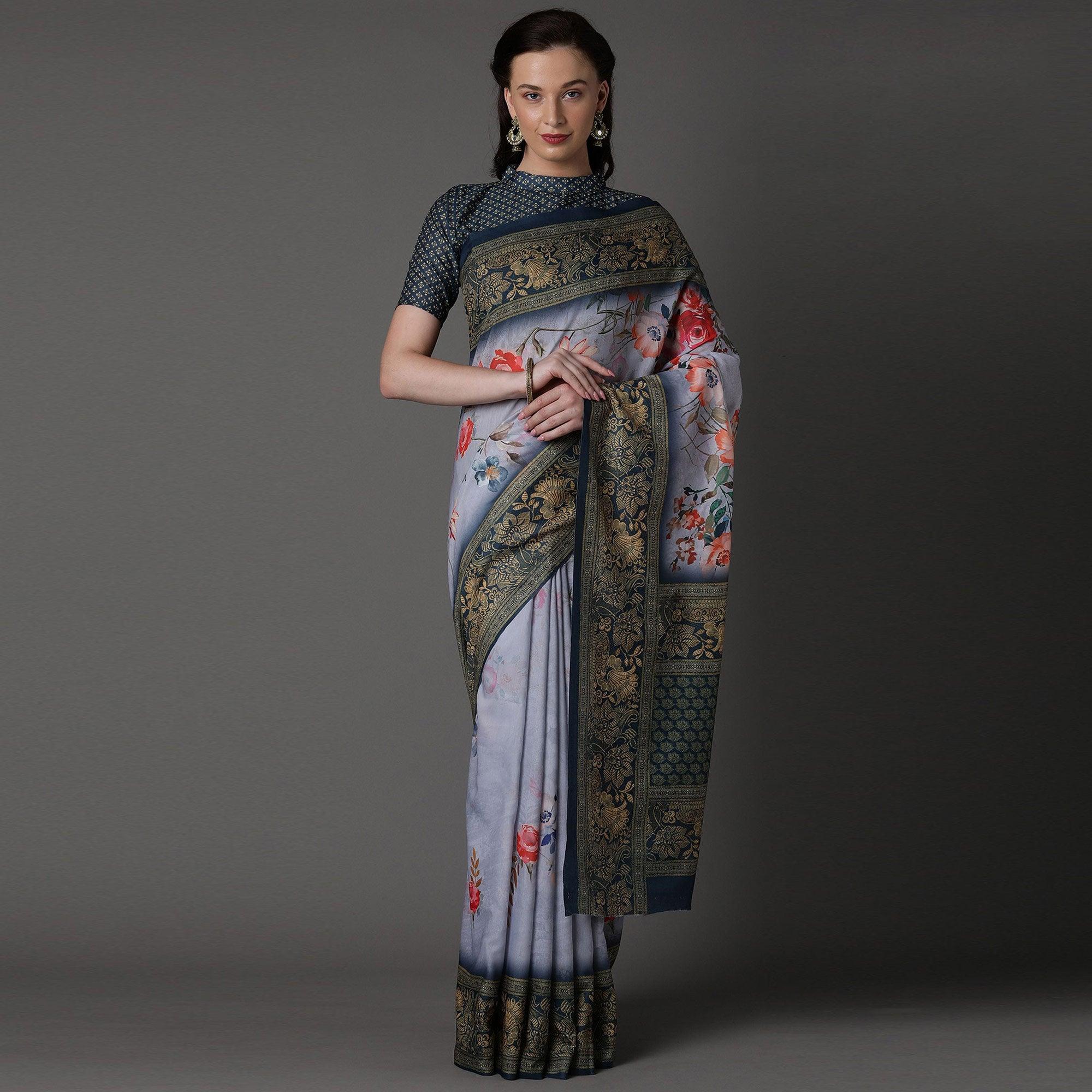 Grey Casual Cotton Silk Printed Saree With Unstitched Blouse - Peachmode