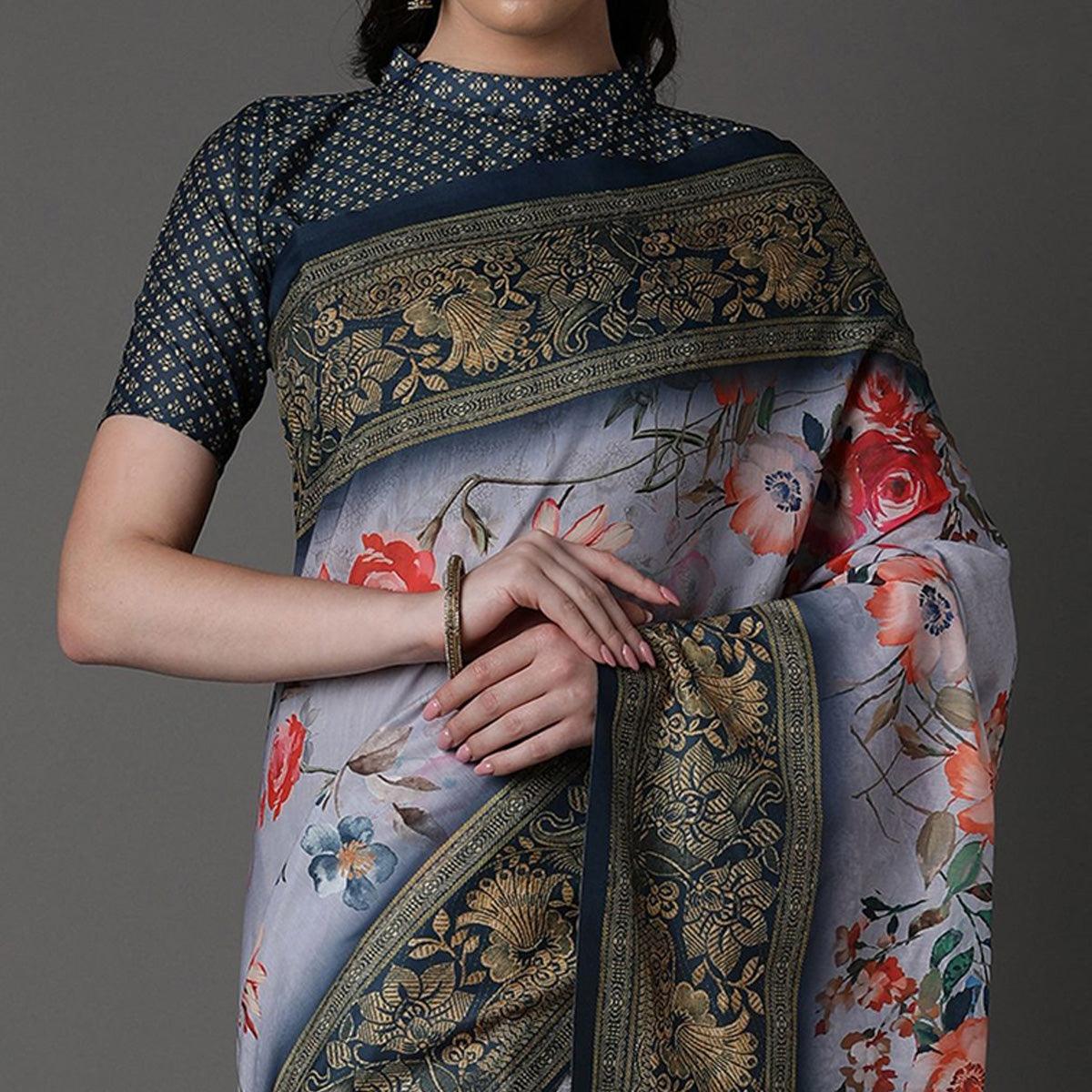 Grey Casual Cotton Silk Printed Saree With Unstitched Blouse - Peachmode