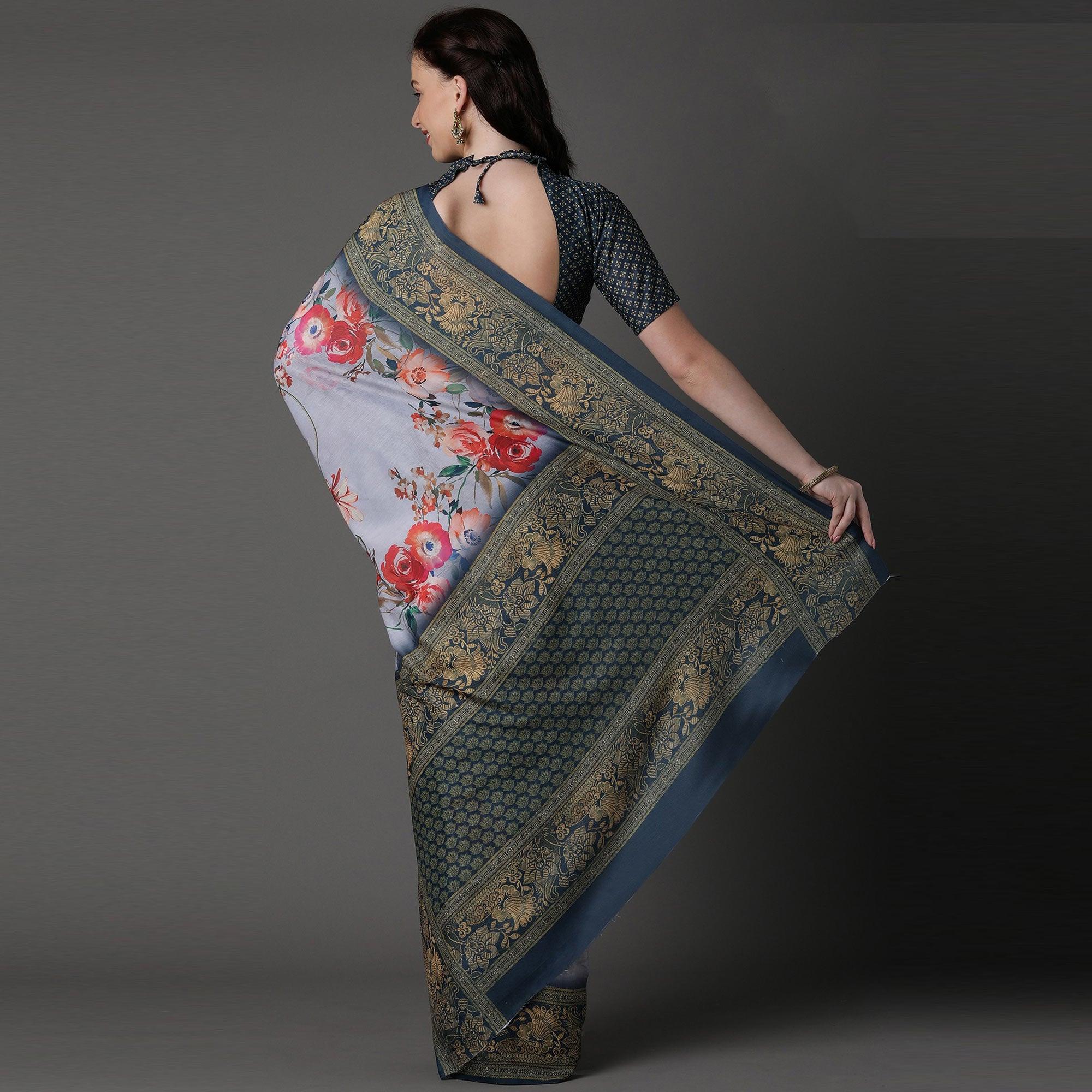 Grey Casual Cotton Silk Printed Saree With Unstitched Blouse - Peachmode