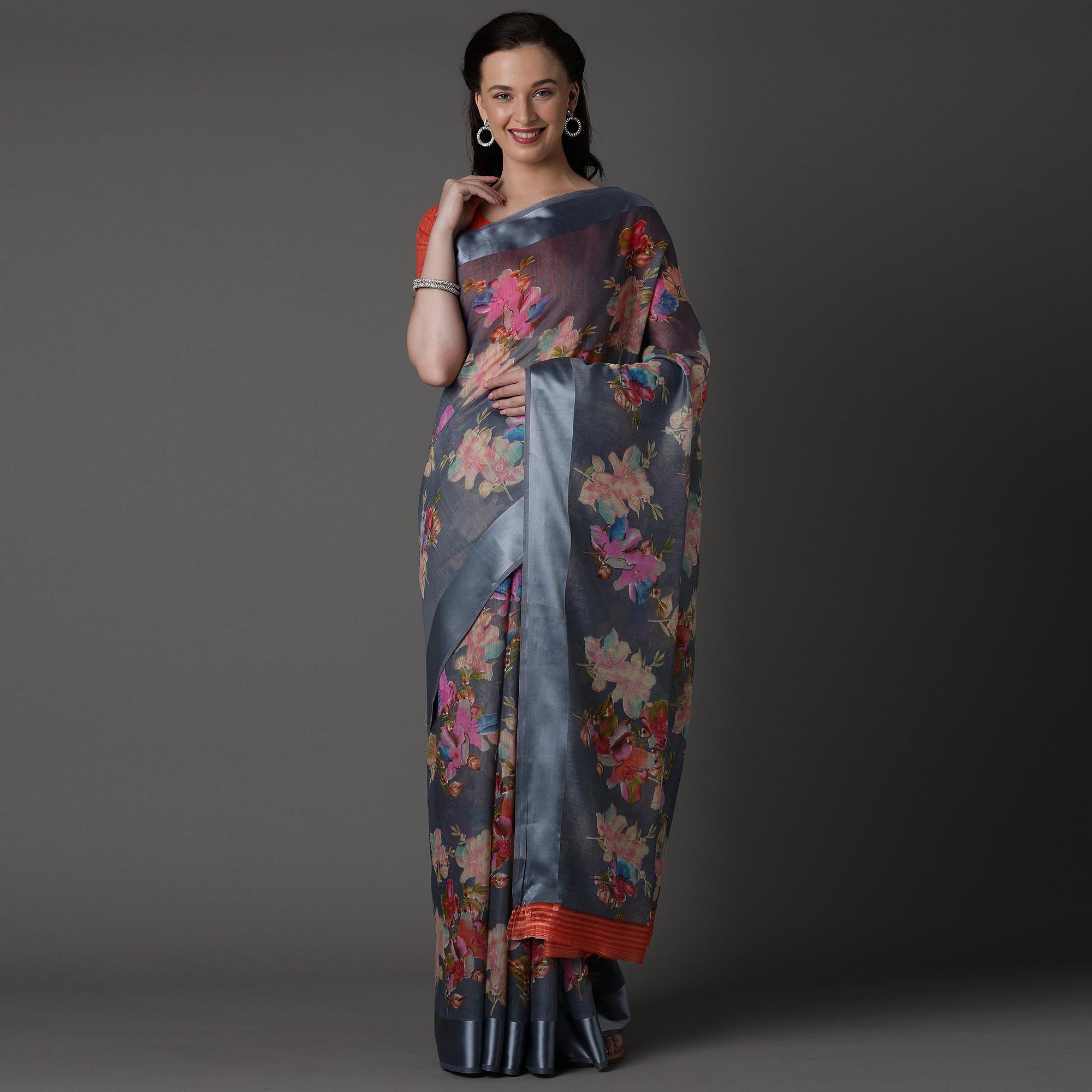 Grey Casual Cotton Silk with Satin Patta Printed Saree With Unstitched Blouse - Peachmode