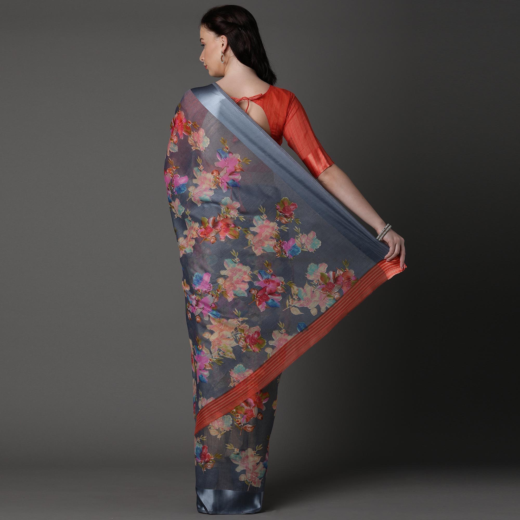 Grey Casual Cotton Silk with Satin Patta Printed Saree With Unstitched Blouse - Peachmode