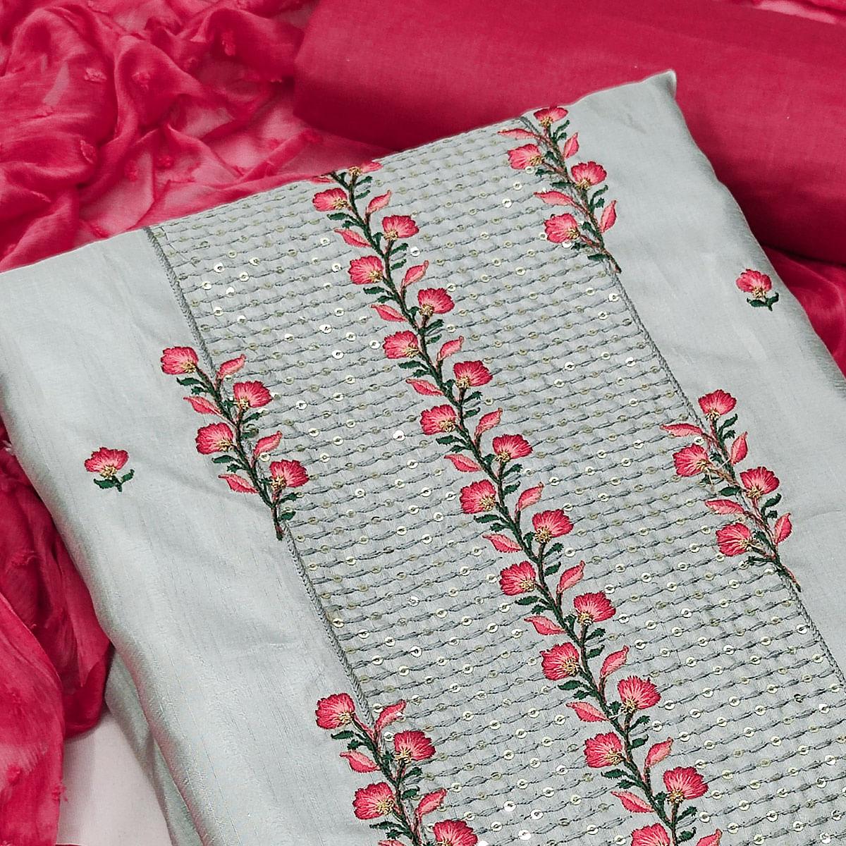 Grey Casual Floral Embroidered Silk Dress Material - Peachmode