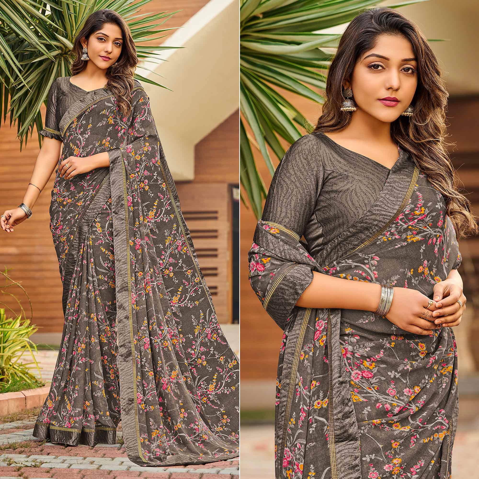 Grey Casual Floral Printed Georgette Saree - Peachmode