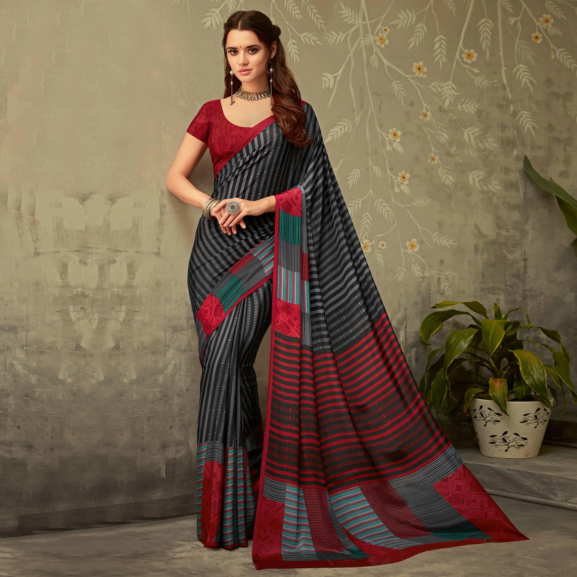 Grey Casual Printed Crepe Saree - Peachmode