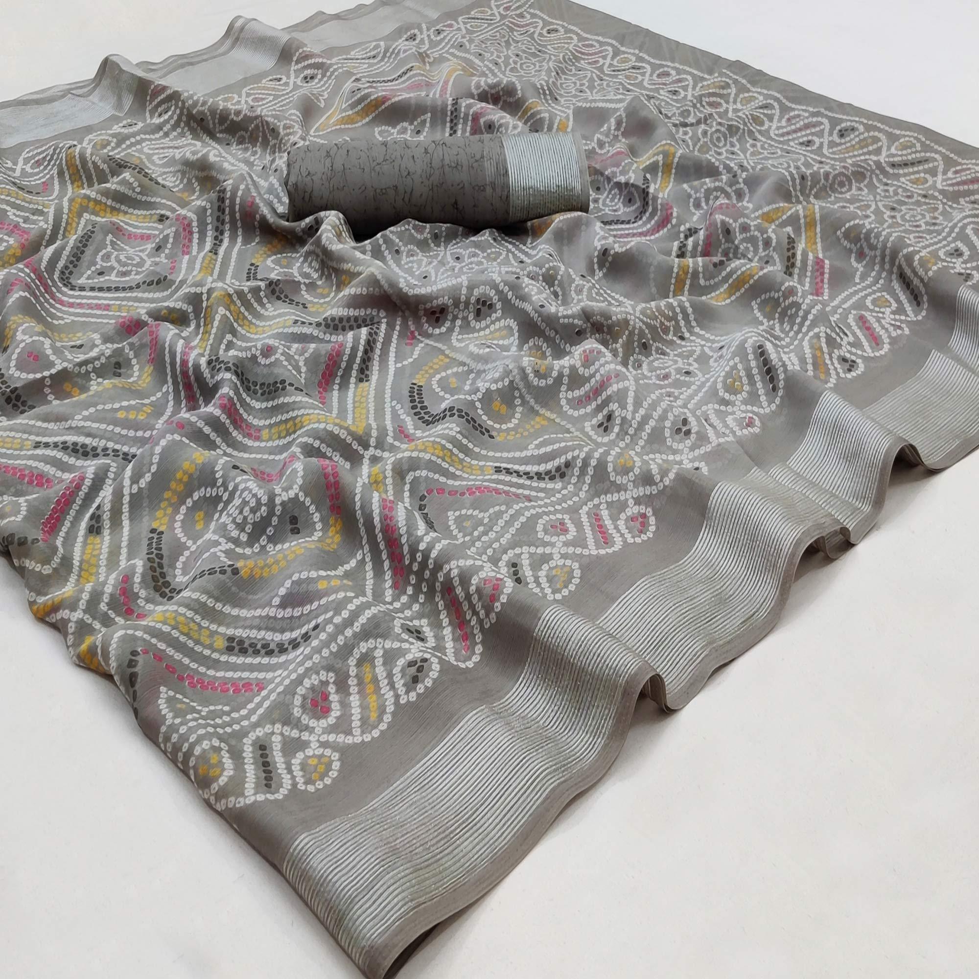 Grey Casual Wear Bandhani Printed Chiffon Saree - Peachmode