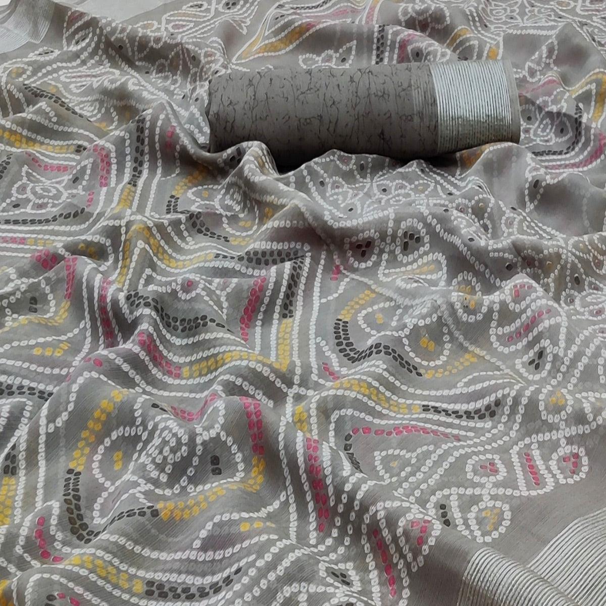 Grey Casual Wear Bandhani Printed Chiffon Saree - Peachmode