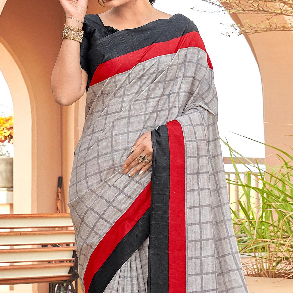 Grey Casual Wear Checks Printed Bhagalpuri Silk Saree - Peachmode