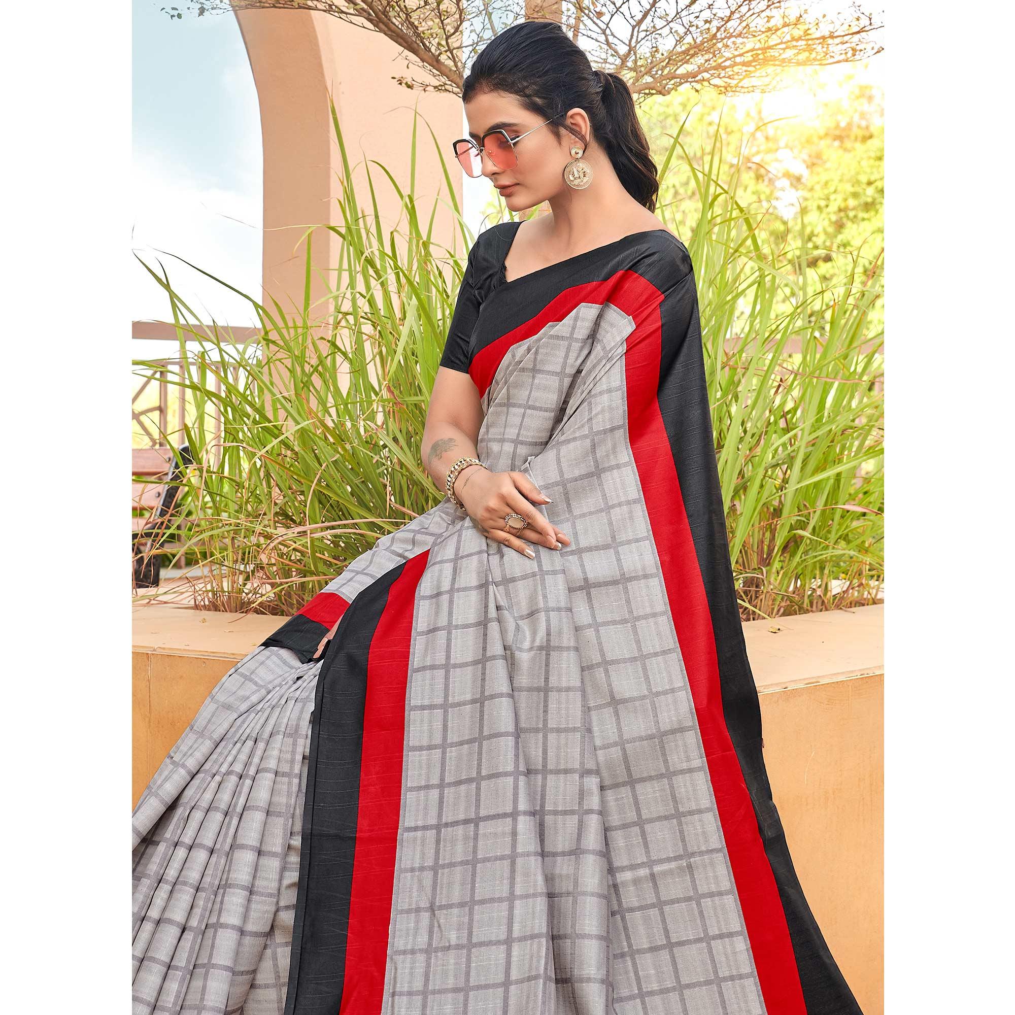 Grey Casual Wear Checks Printed Bhagalpuri Silk Saree - Peachmode