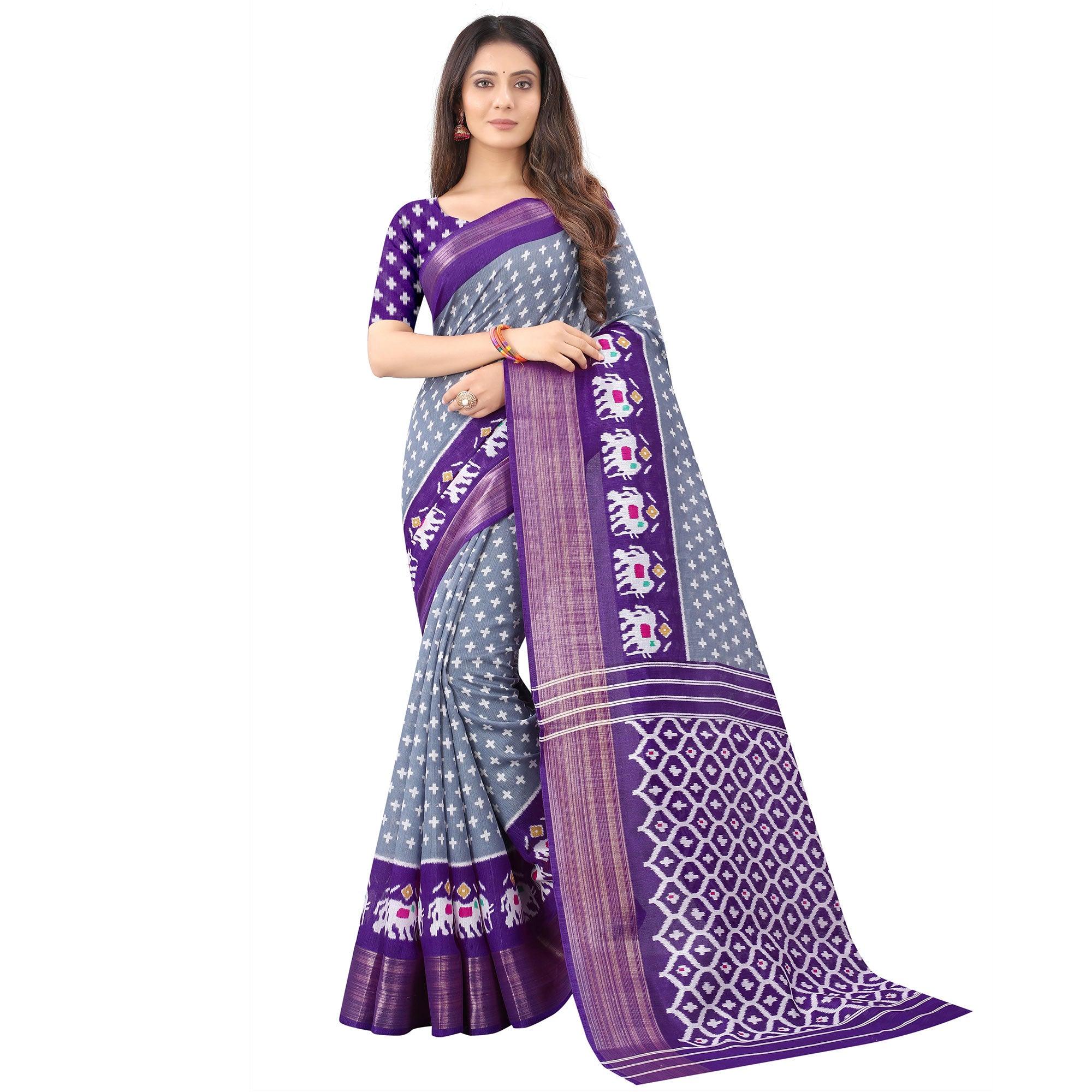 Grey Casual Wear Designer Hand Block Printed Cotton Linen Saree - Peachmode