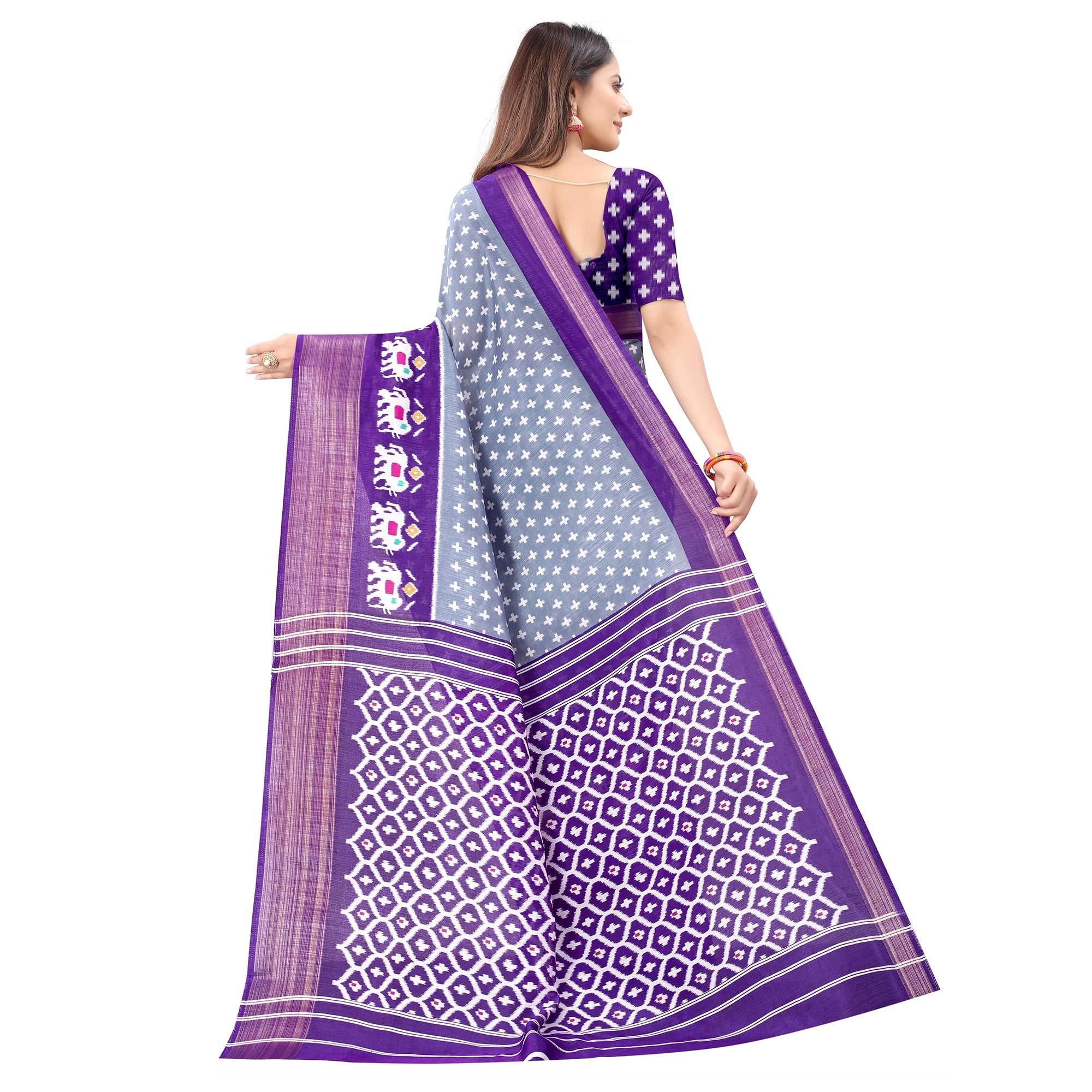 Grey Casual Wear Designer Hand Block Printed Cotton Linen Saree - Peachmode