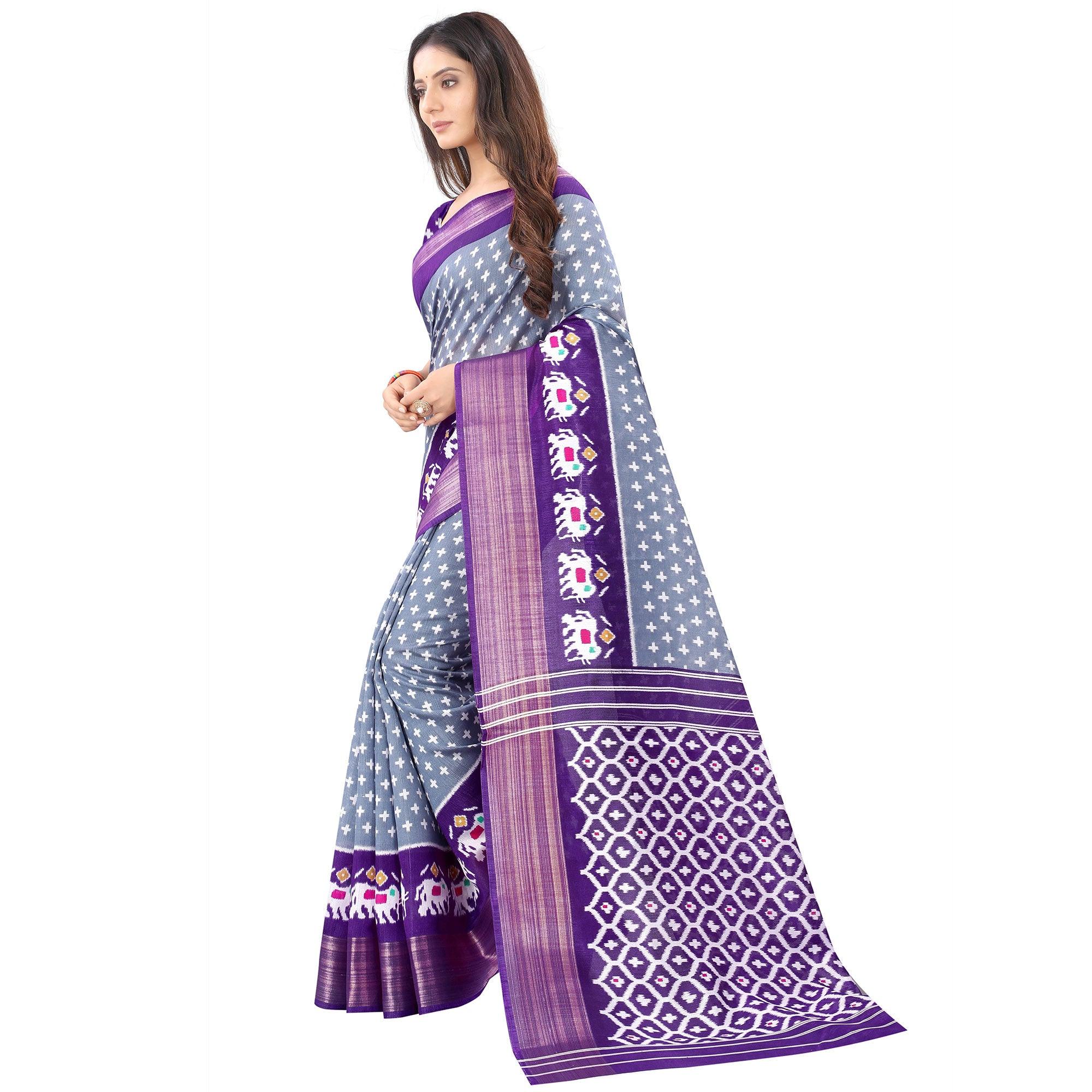 Grey Casual Wear Designer Hand Block Printed Cotton Linen Saree - Peachmode