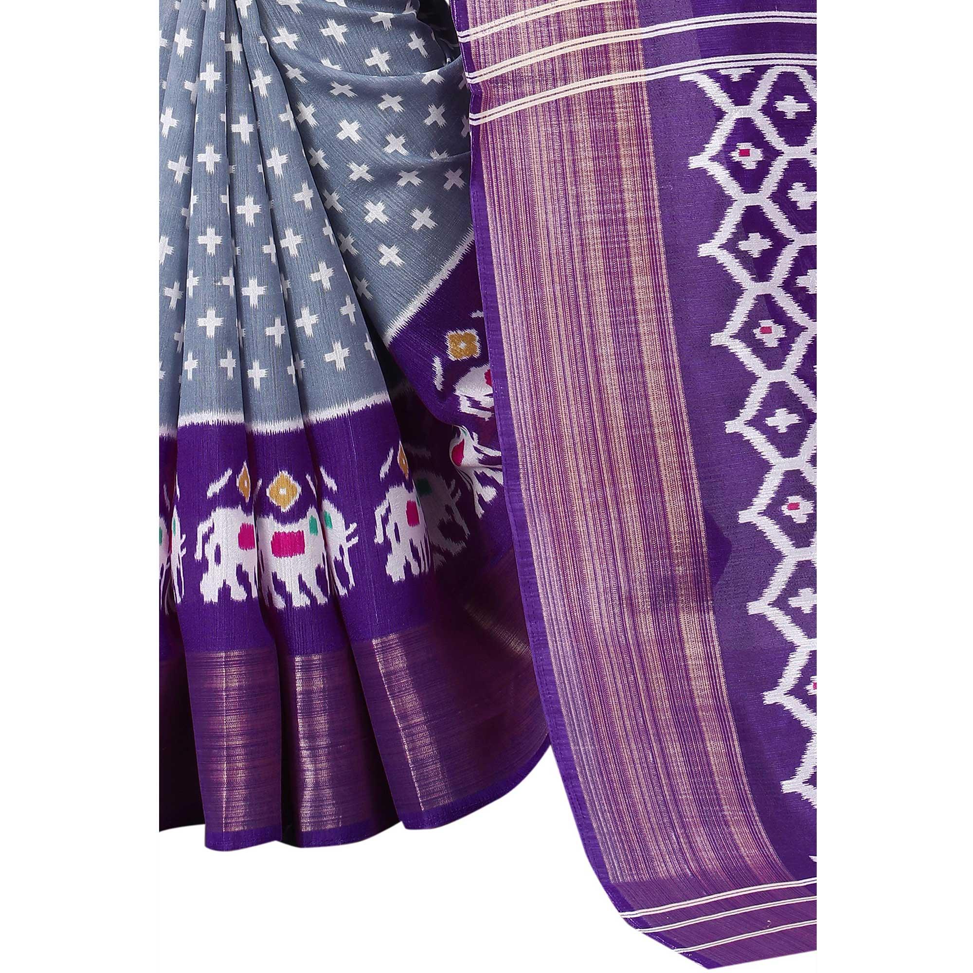 Grey Casual Wear Designer Hand Block Printed Cotton Linen Saree - Peachmode