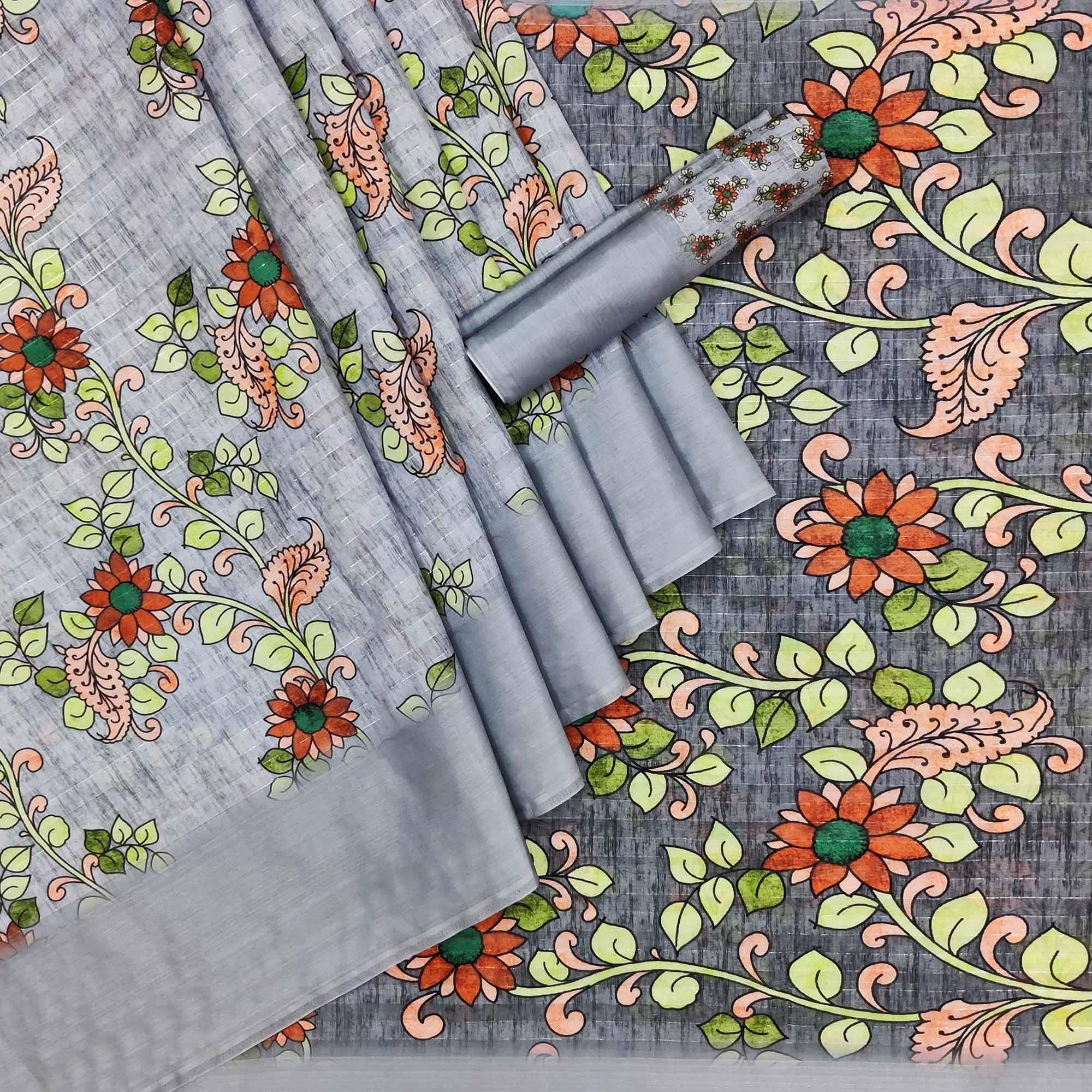 Grey Casual Wear Digital Floral Printed Cotton Silk Saree - Peachmode