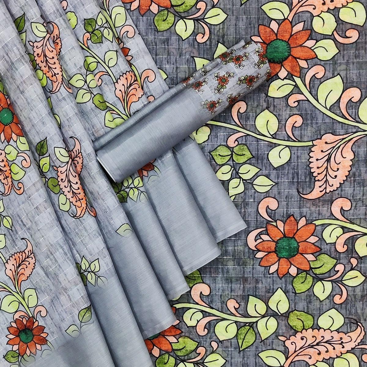 Grey Casual Wear Digital Floral Printed Cotton Silk Saree - Peachmode