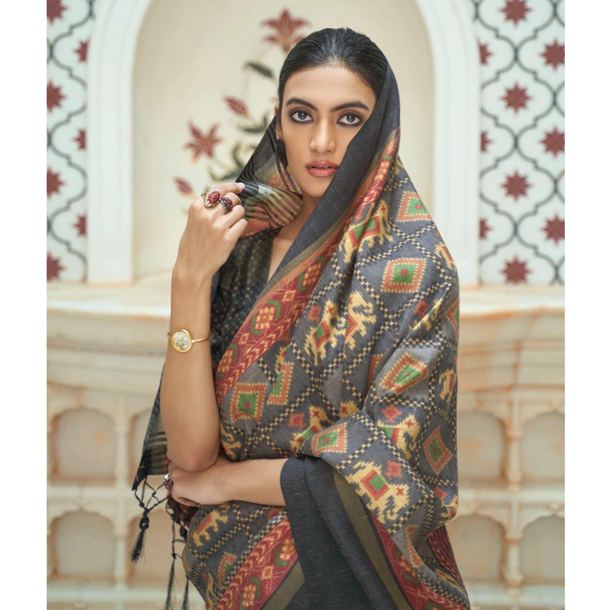 Grey Casual Wear Digital Printed Assam Silk Saree - Peachmode