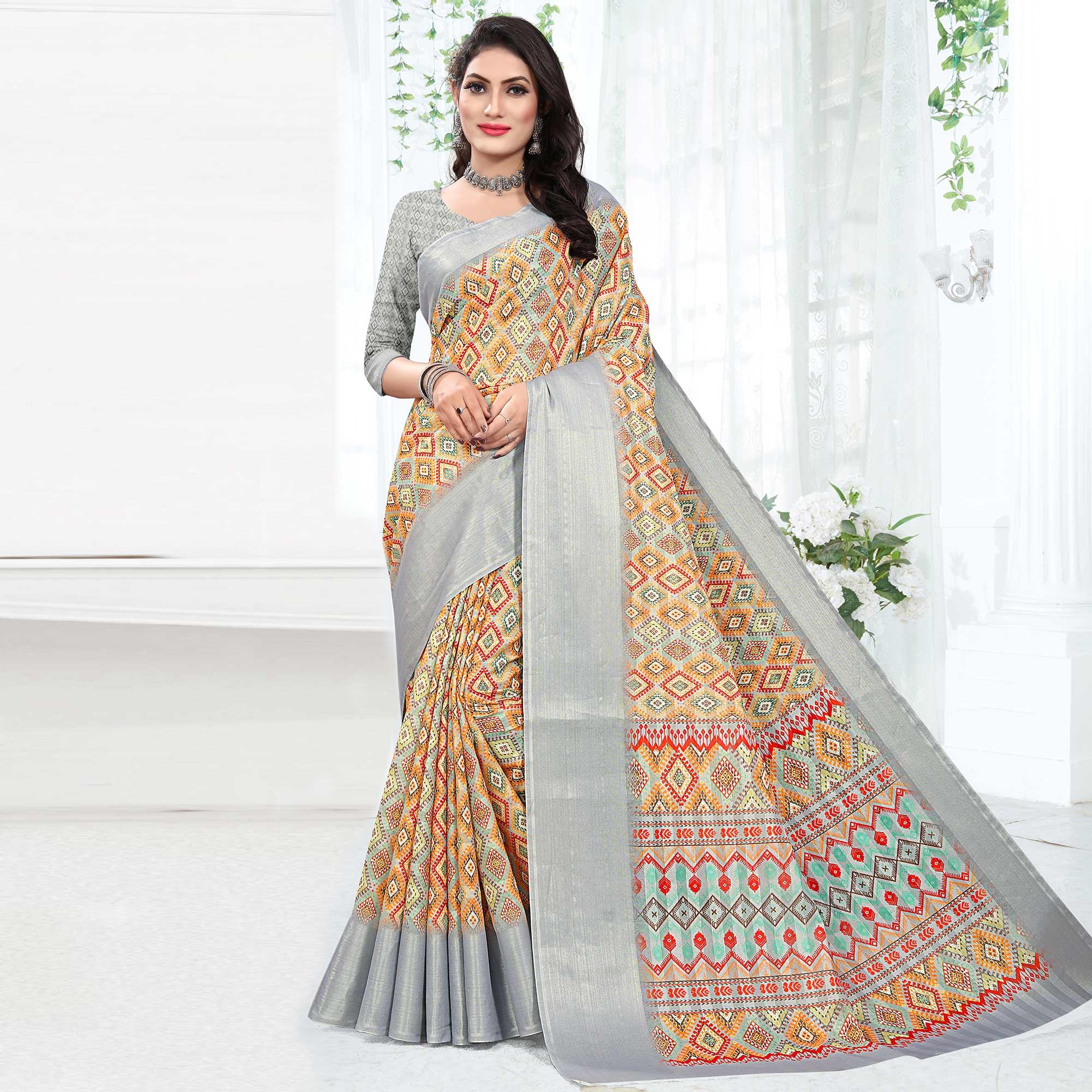 Grey Casual Wear Digital Printed Cotton Silk Saree - Peachmode