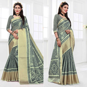 Grey Casual Wear Digital Printed Cotton Silk Saree - Peachmode