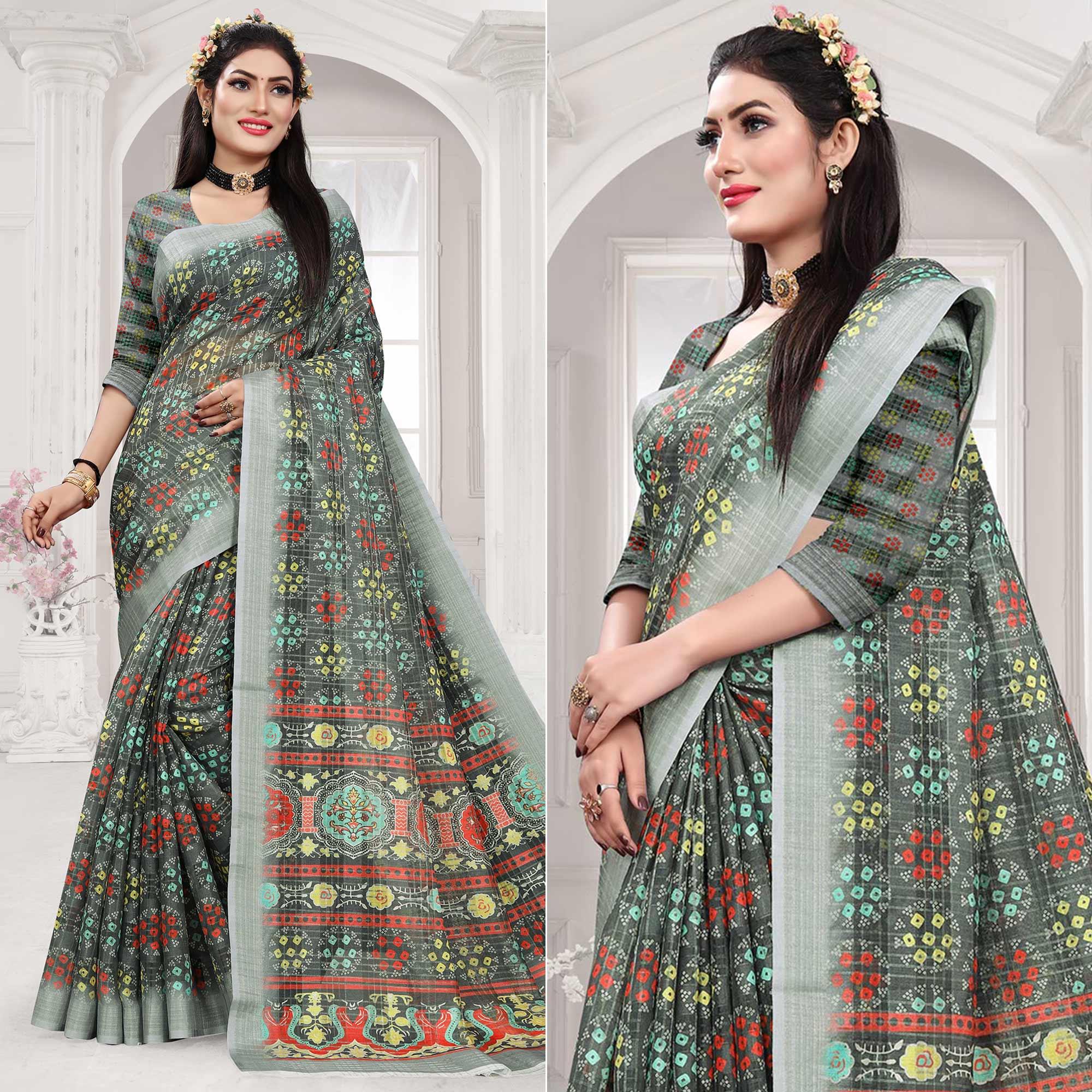Grey Casual Wear Digital Printed Cotton Silk Saree - Peachmode