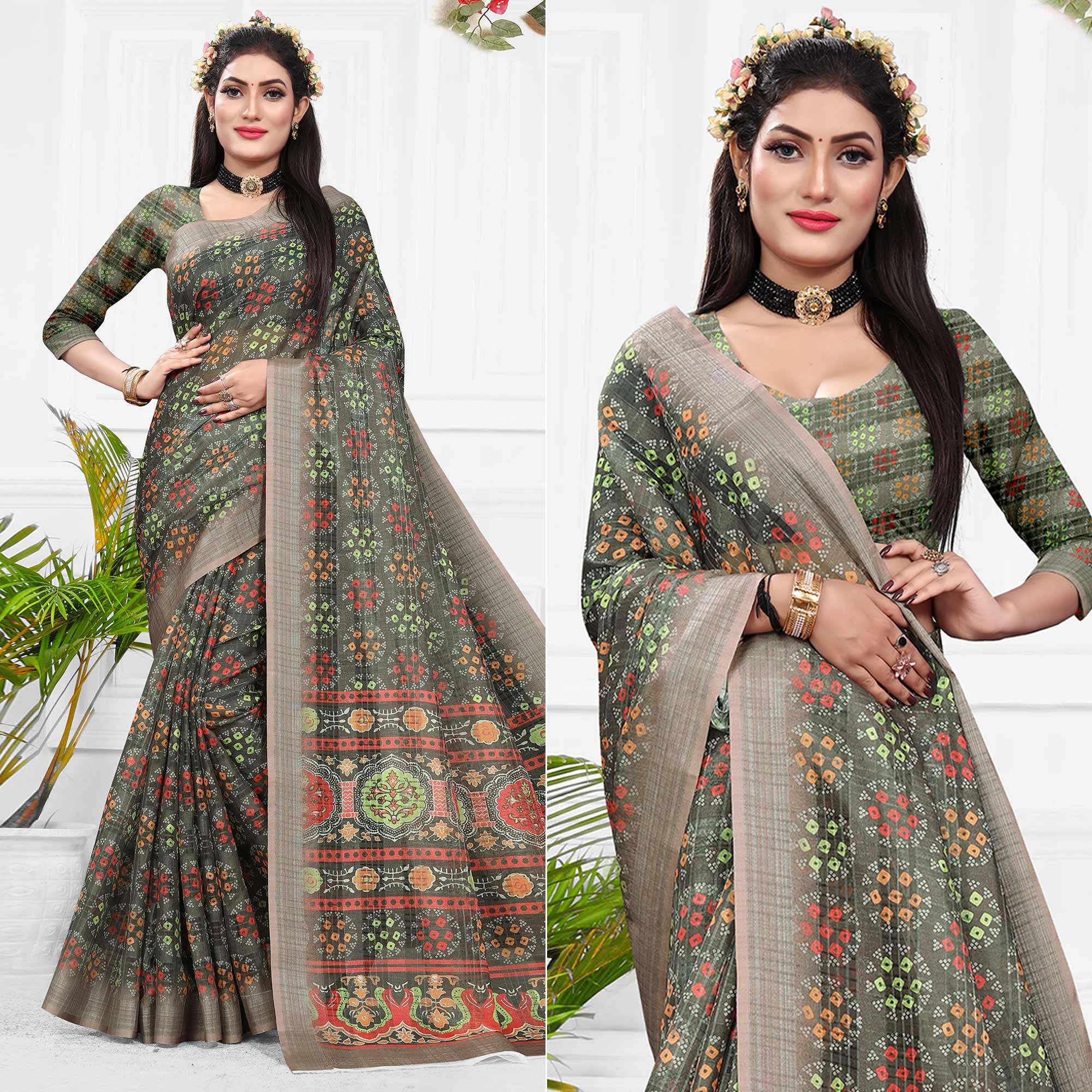 Grey Casual Wear Digital Printed Cotton Silk Saree - Peachmode
