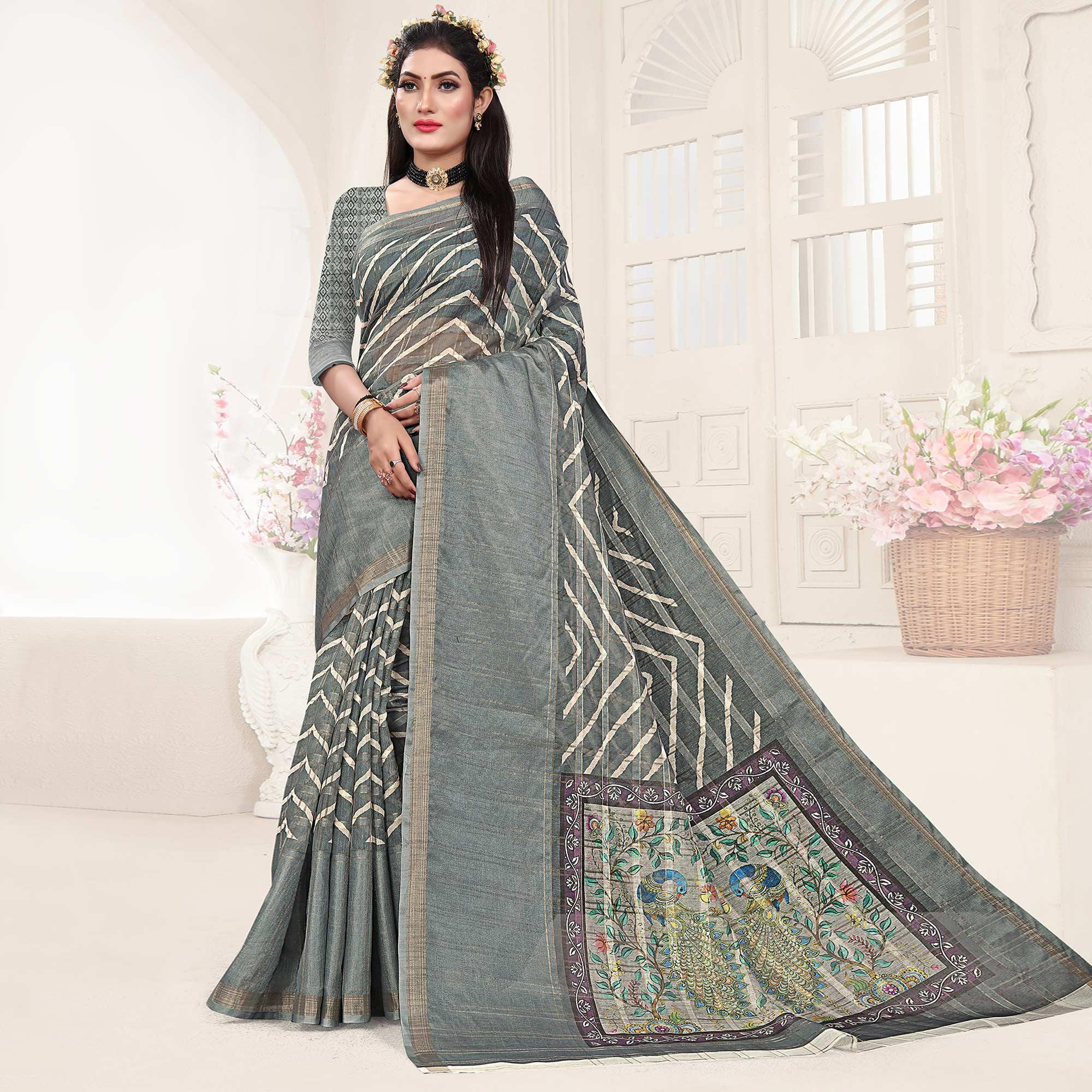 Grey Casual Wear Digital Printed Cotton Silk Saree - Peachmode