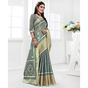 Grey Casual Wear Digital Printed Cotton Silk Saree - Peachmode