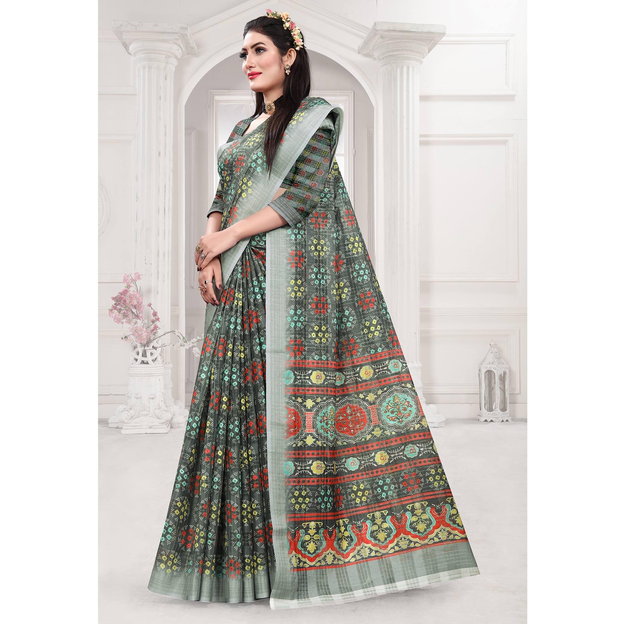 Grey Casual Wear Digital Printed Cotton Silk Saree - Peachmode