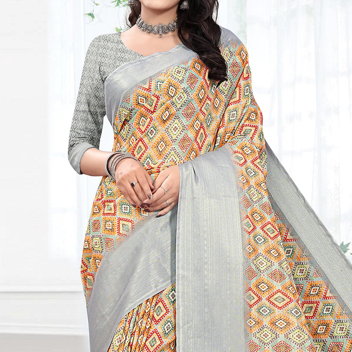 Grey Casual Wear Digital Printed Cotton Silk Saree - Peachmode
