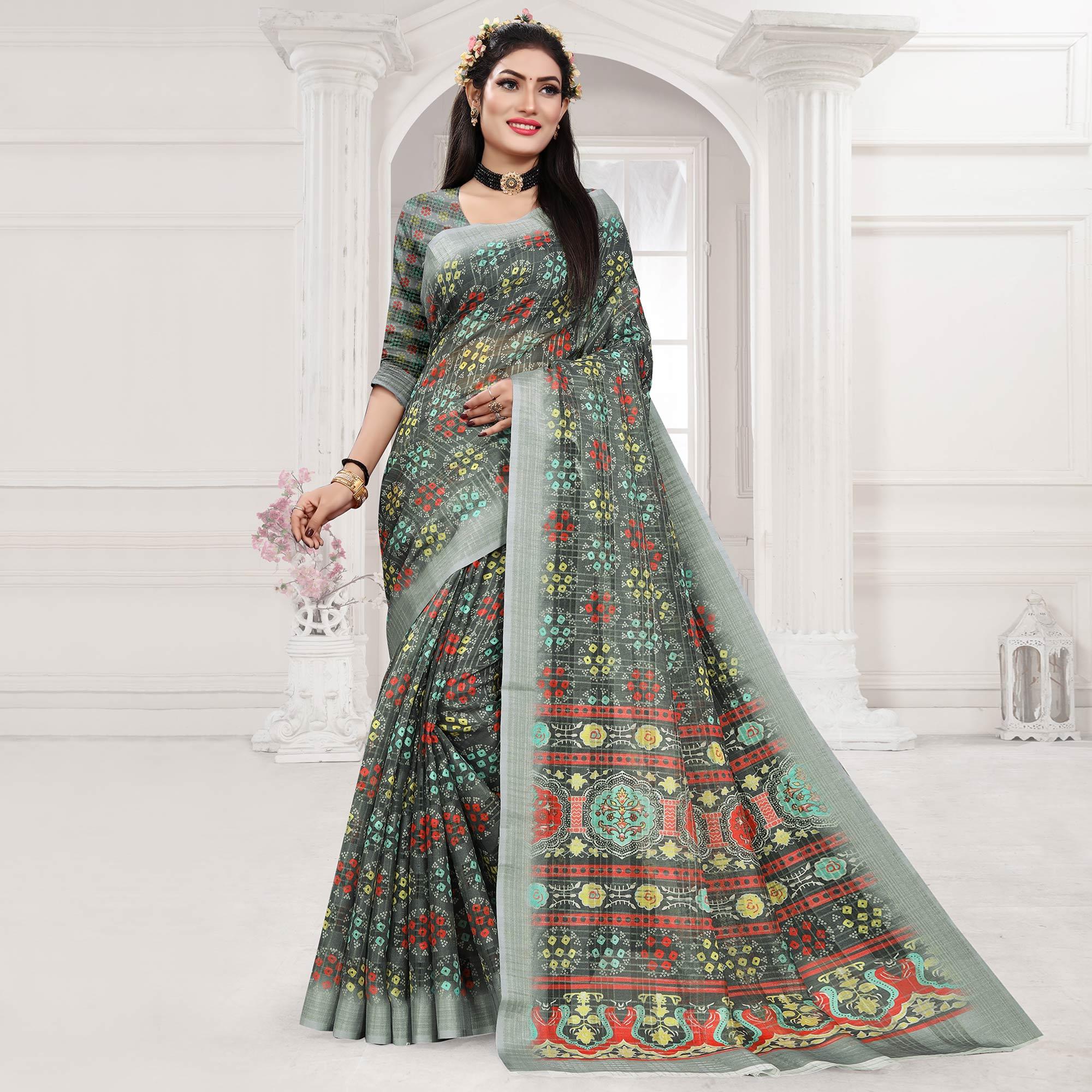 Grey Casual Wear Digital Printed Cotton Silk Saree - Peachmode