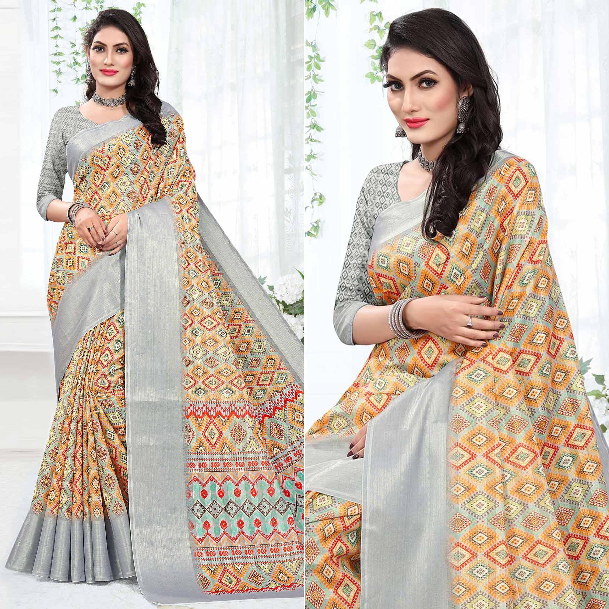 Grey Casual Wear Digital Printed Cotton Silk Saree - Peachmode