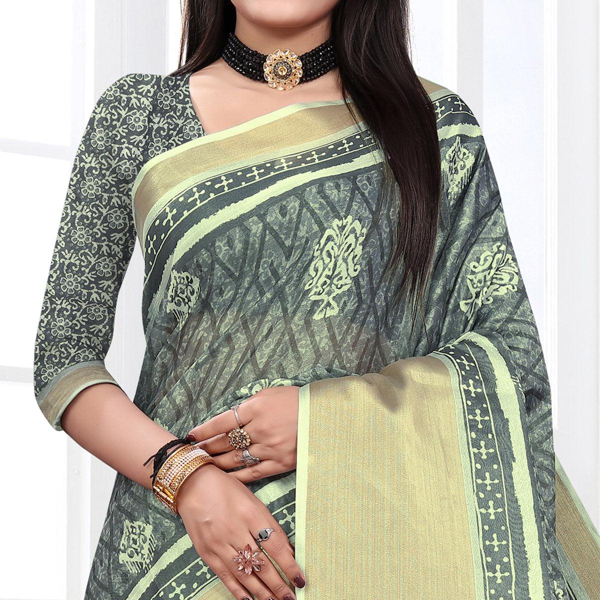 Grey Casual Wear Digital Printed Cotton Silk Saree - Peachmode